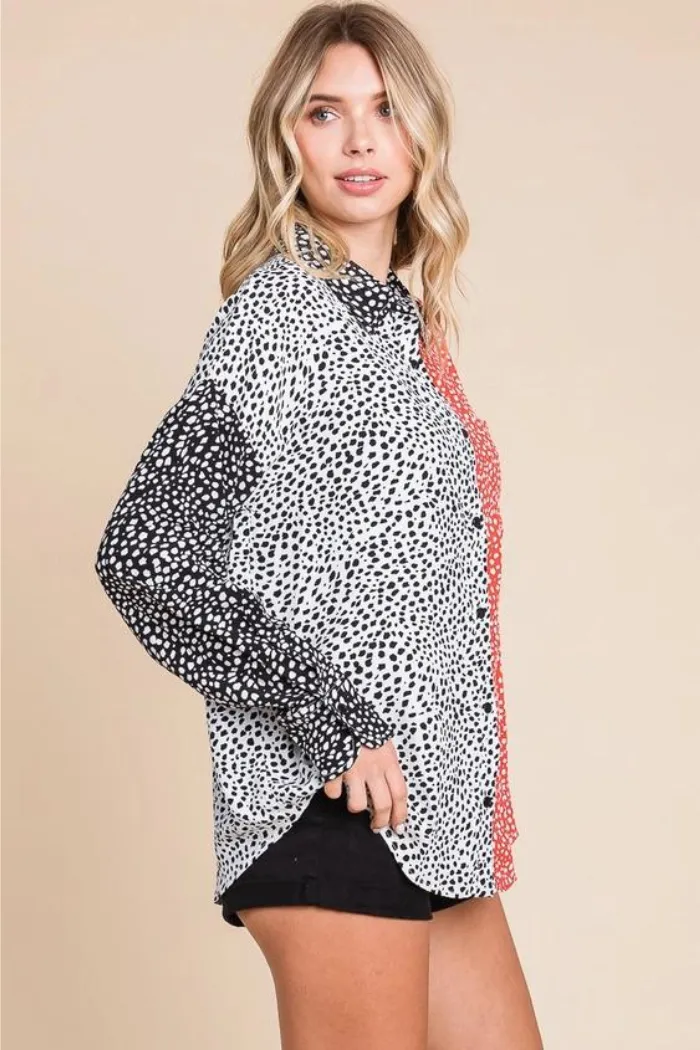 Animal Print Color Block Button Down Shirt