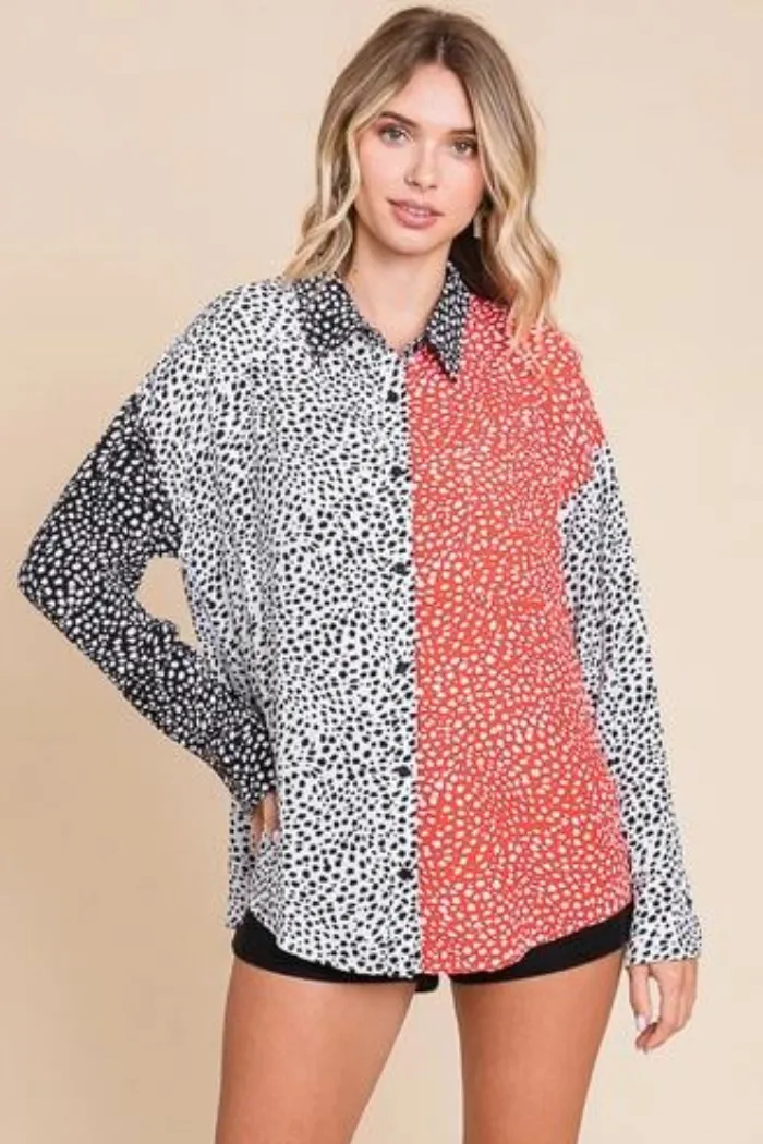 Animal Print Color Block Button Down Shirt