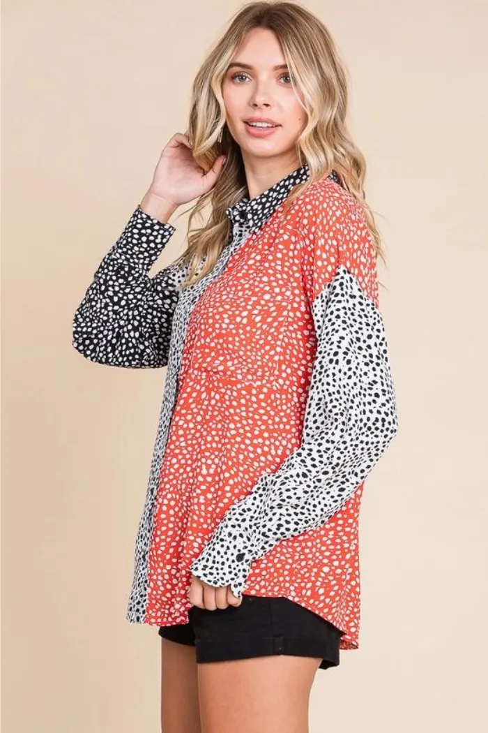 Animal Print Color Block Button Down Shirt