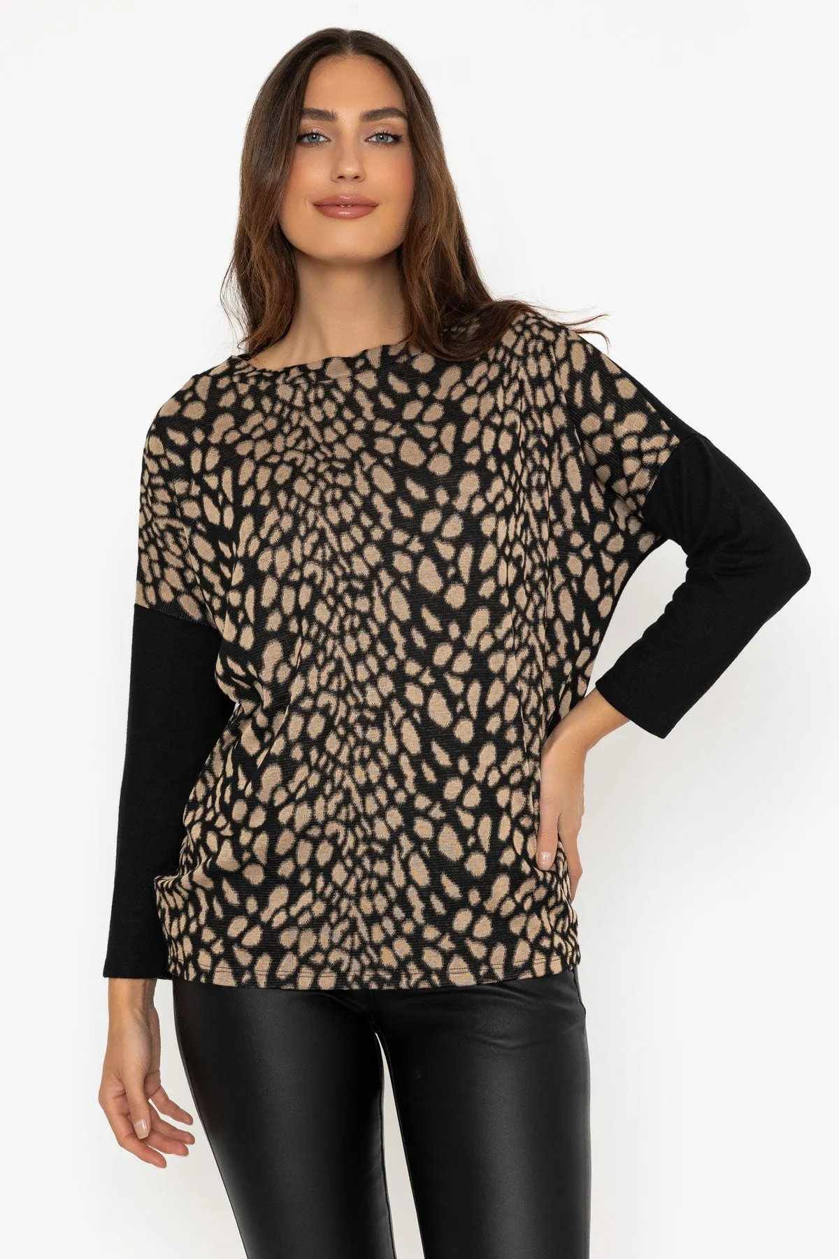 Animal Print Front Knit Long Sleeve Top