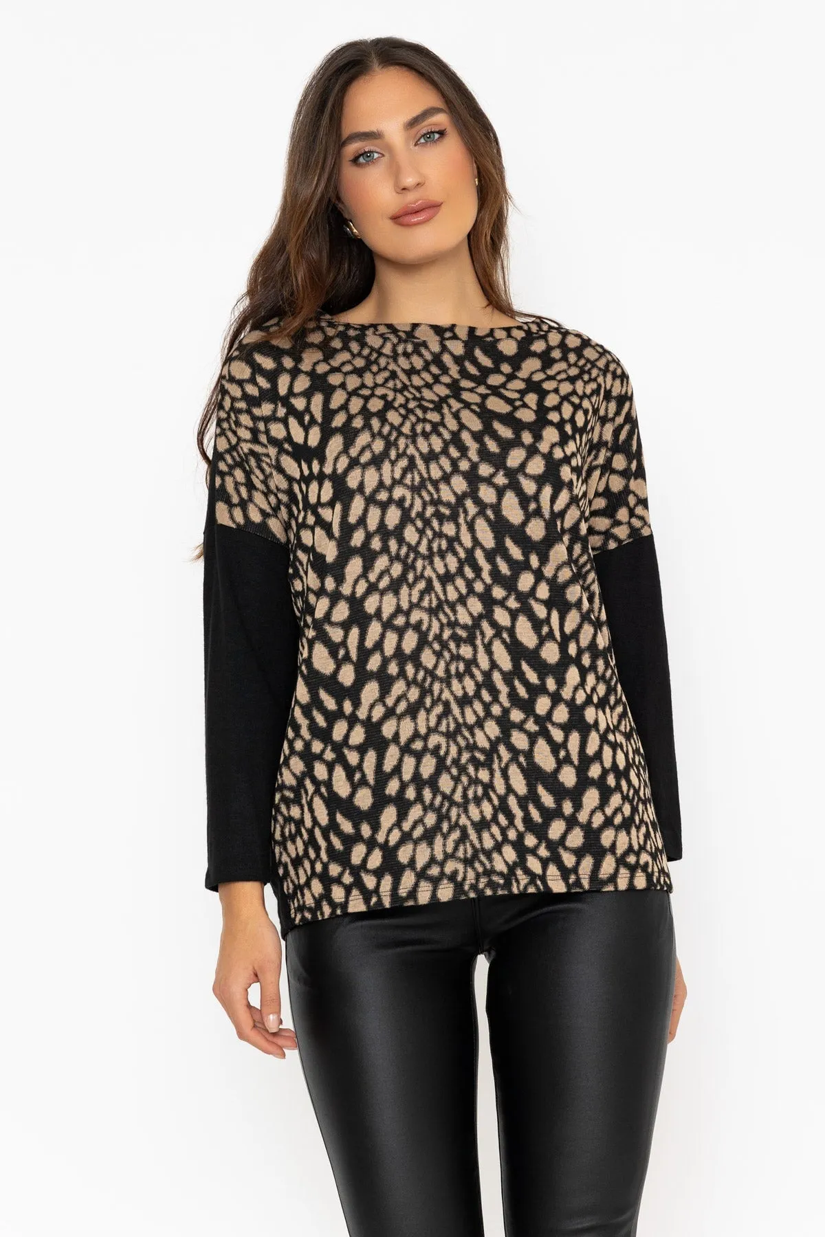 Animal Print Front Knit Long Sleeve Top