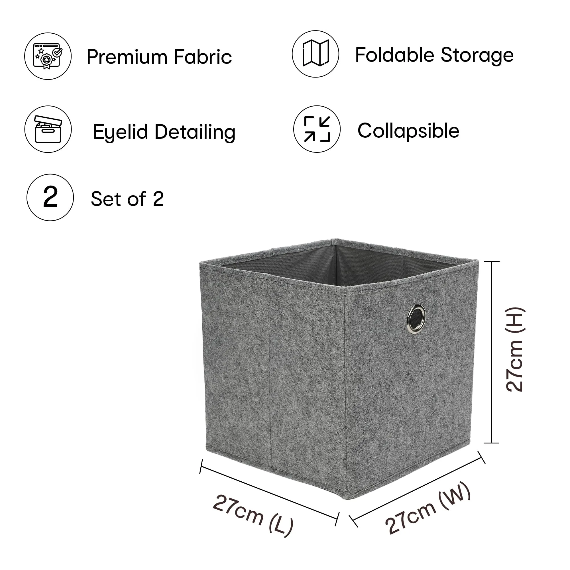 Anko Foldable Storage Cube- Set of 2 | Sturdy Durable Fabric | Strong Eyelets | Two Tone Grey | Storage Box for Saree, Shirts, Woolens, Books, Toys | 10.6 x 10.6 x 10.6 Inch