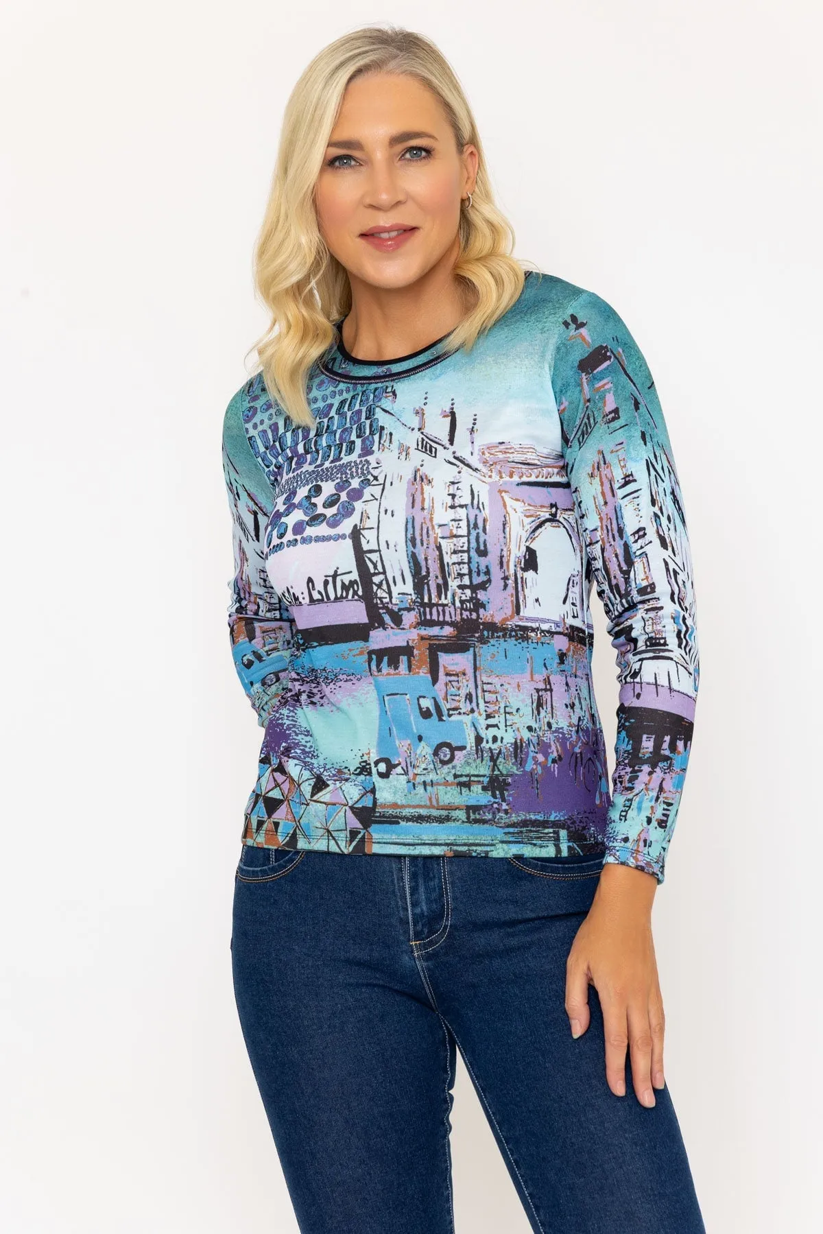 Aqua Blue City Print Long Sleeve Top