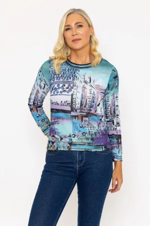 Aqua Blue City Print Long Sleeve Top