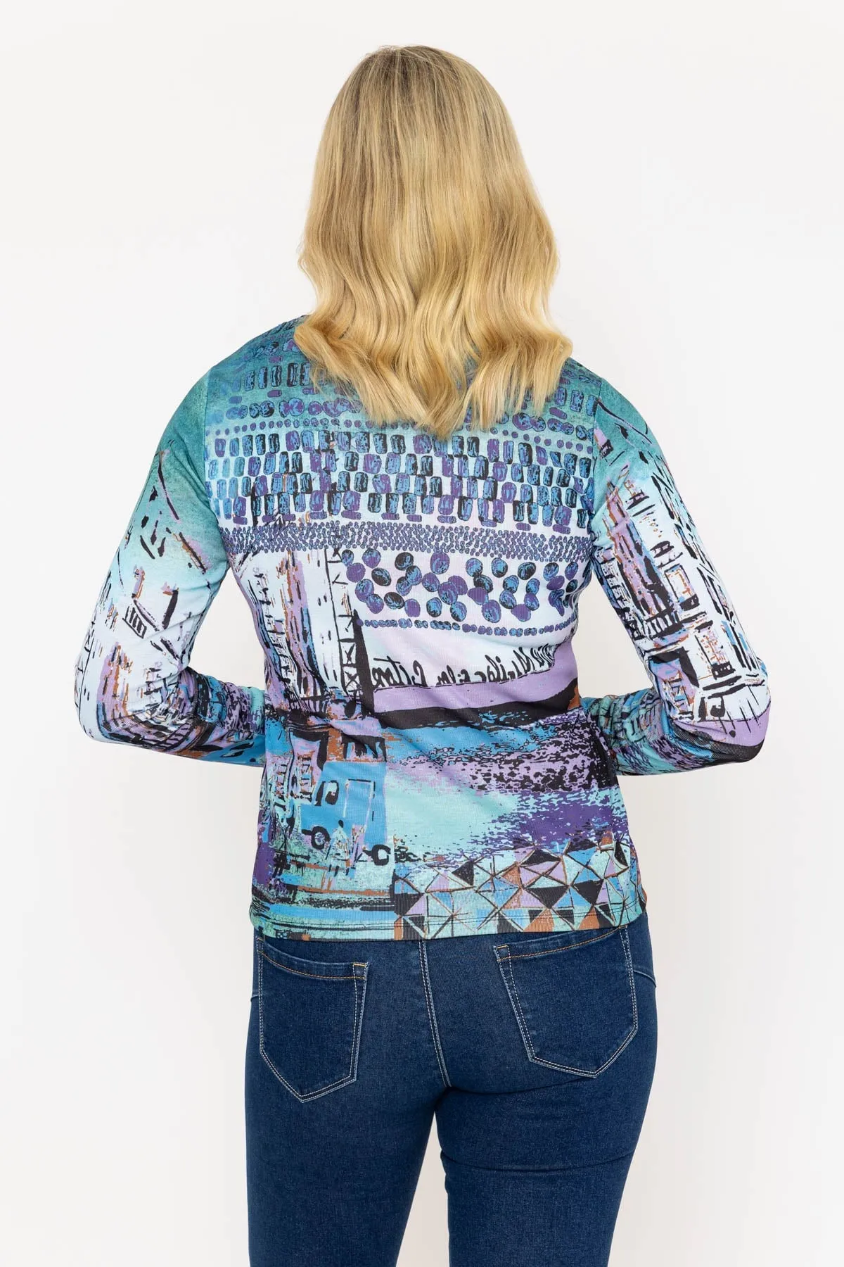 Aqua Blue City Print Long Sleeve Top