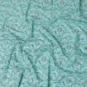 Aqua Elegance Embroidered Cotton Lawn Fabric - Tranquil Blue with White Florals, 110cm Width-D18753