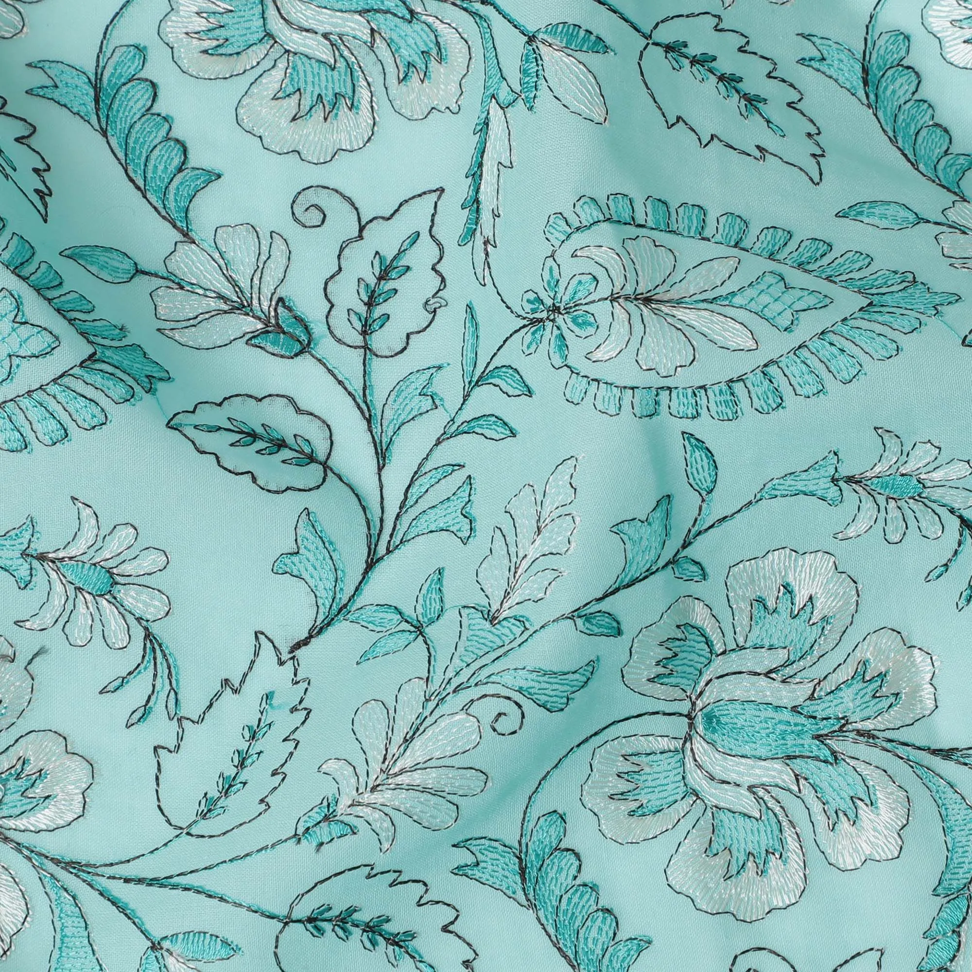 Aqua Elegance Embroidered Cotton Lawn Fabric - Tranquil Blue with White Florals, 110cm Width-D18753