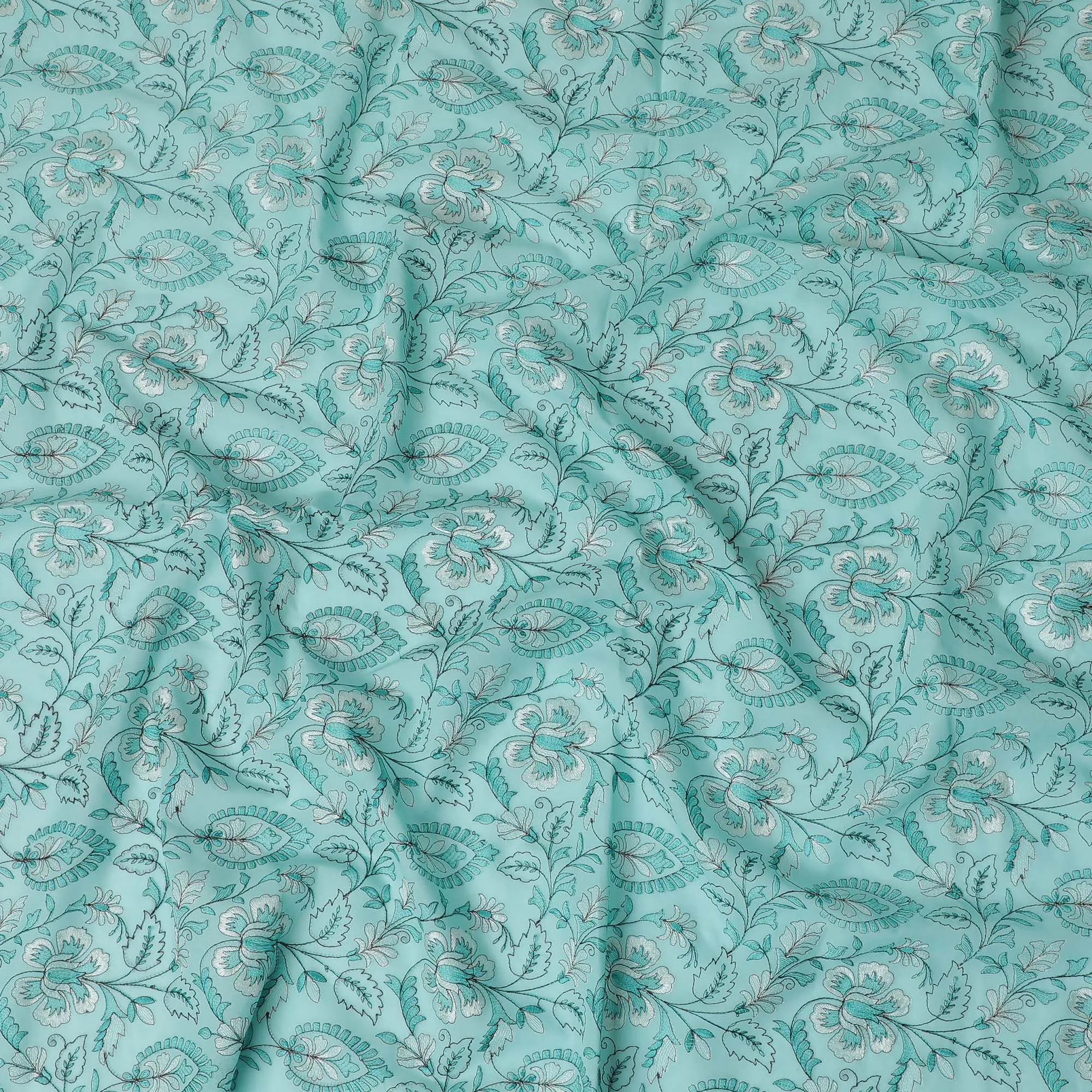 Aqua Elegance Embroidered Cotton Lawn Fabric - Tranquil Blue with White Florals, 110cm Width-D18753