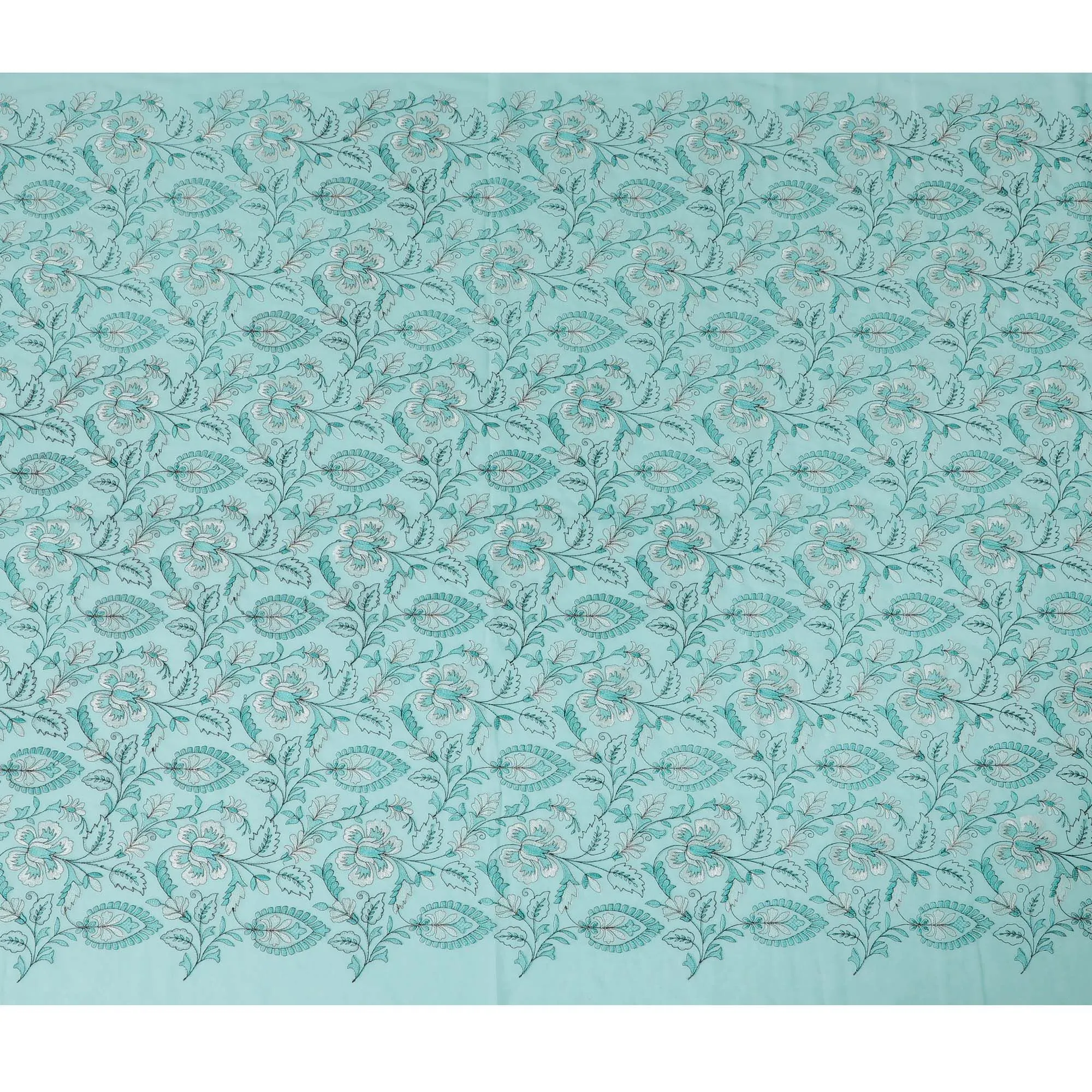 Aqua Elegance Embroidered Cotton Lawn Fabric - Tranquil Blue with White Florals, 110cm Width-D18753