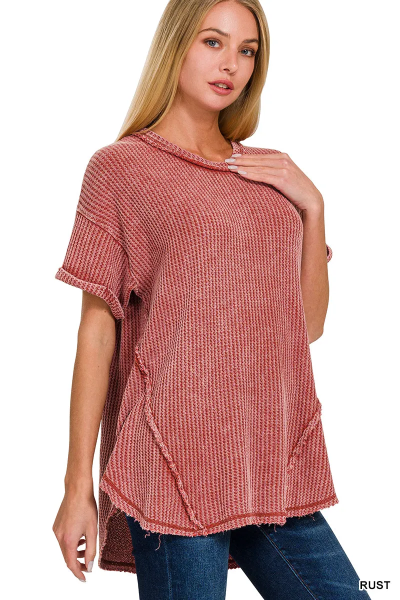 Beatrice Washed Waffle Rolled Up Short Sleeve Top