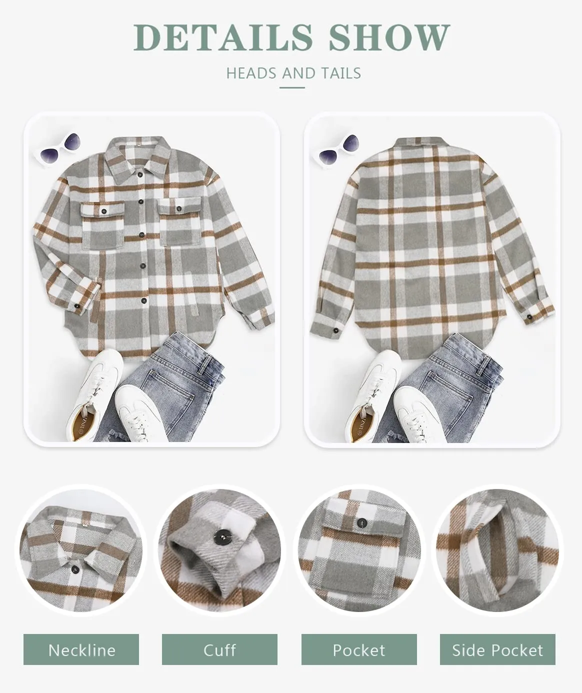 Beaully Women's Brushed Plaid Shirts Long Sleeve Flannel Lapel Button Down Pocketed Shacket Jacket Coats 6017 Khaki Large