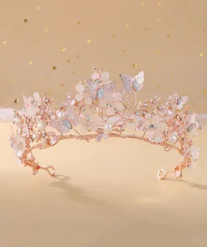 Beautiful Rose Gold Crown Baroque Pearl Butterfly Rhinestone Kids Crown IU033