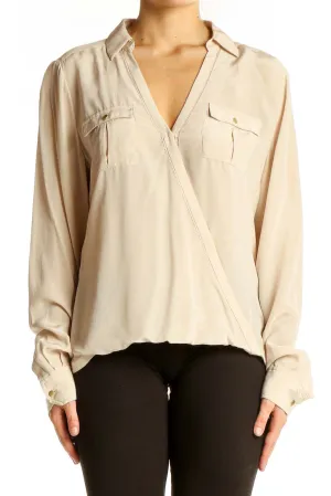 Beige Wrap-Style Blouse with Chest Pockets