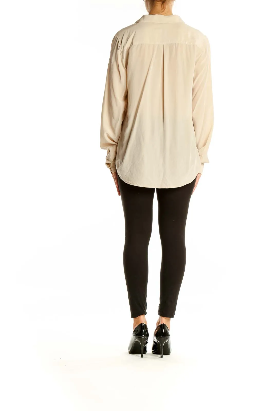 Beige Wrap-Style Blouse with Chest Pockets