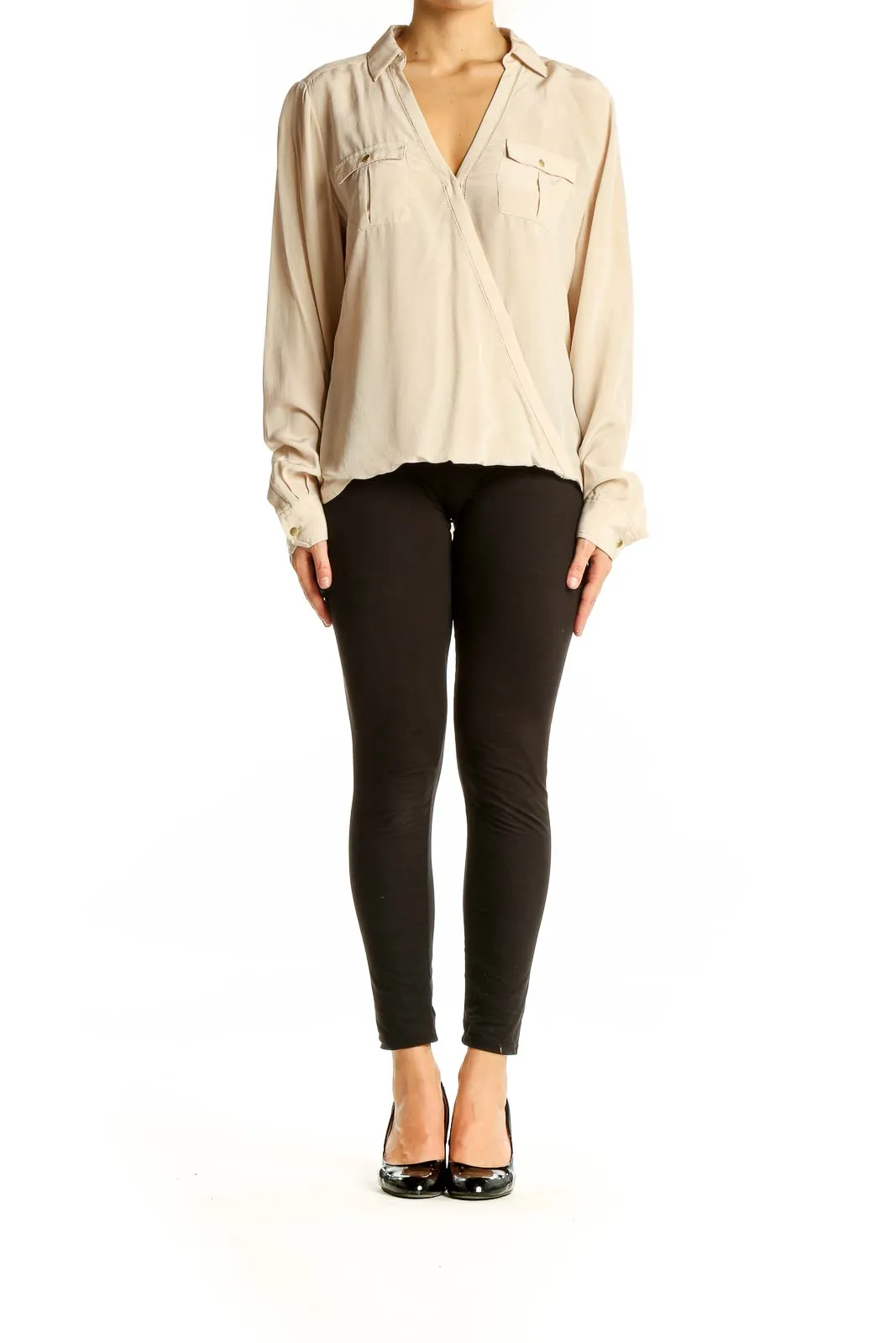 Beige Wrap-Style Blouse with Chest Pockets