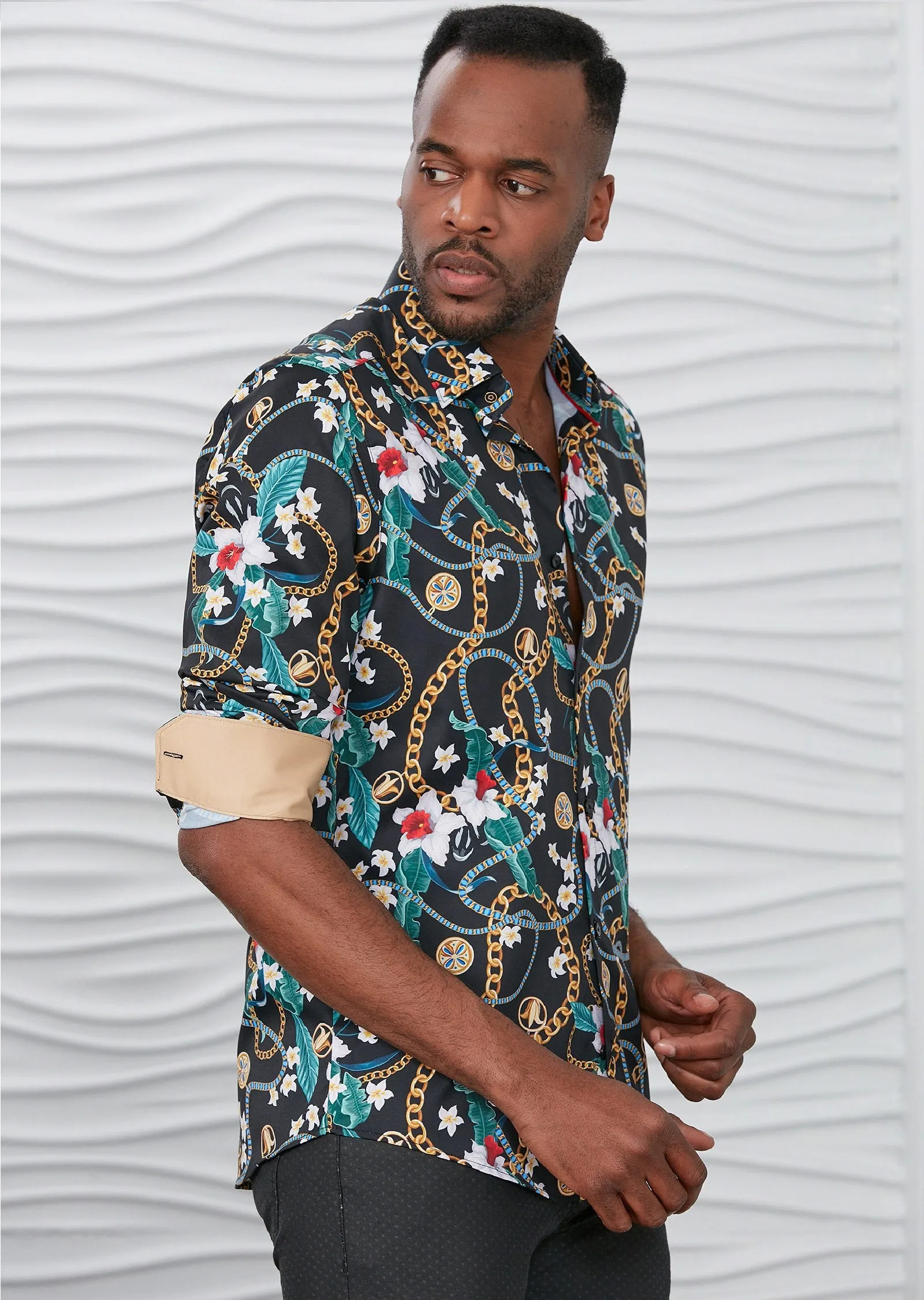 Black Green Floral Chain Silky Shirt