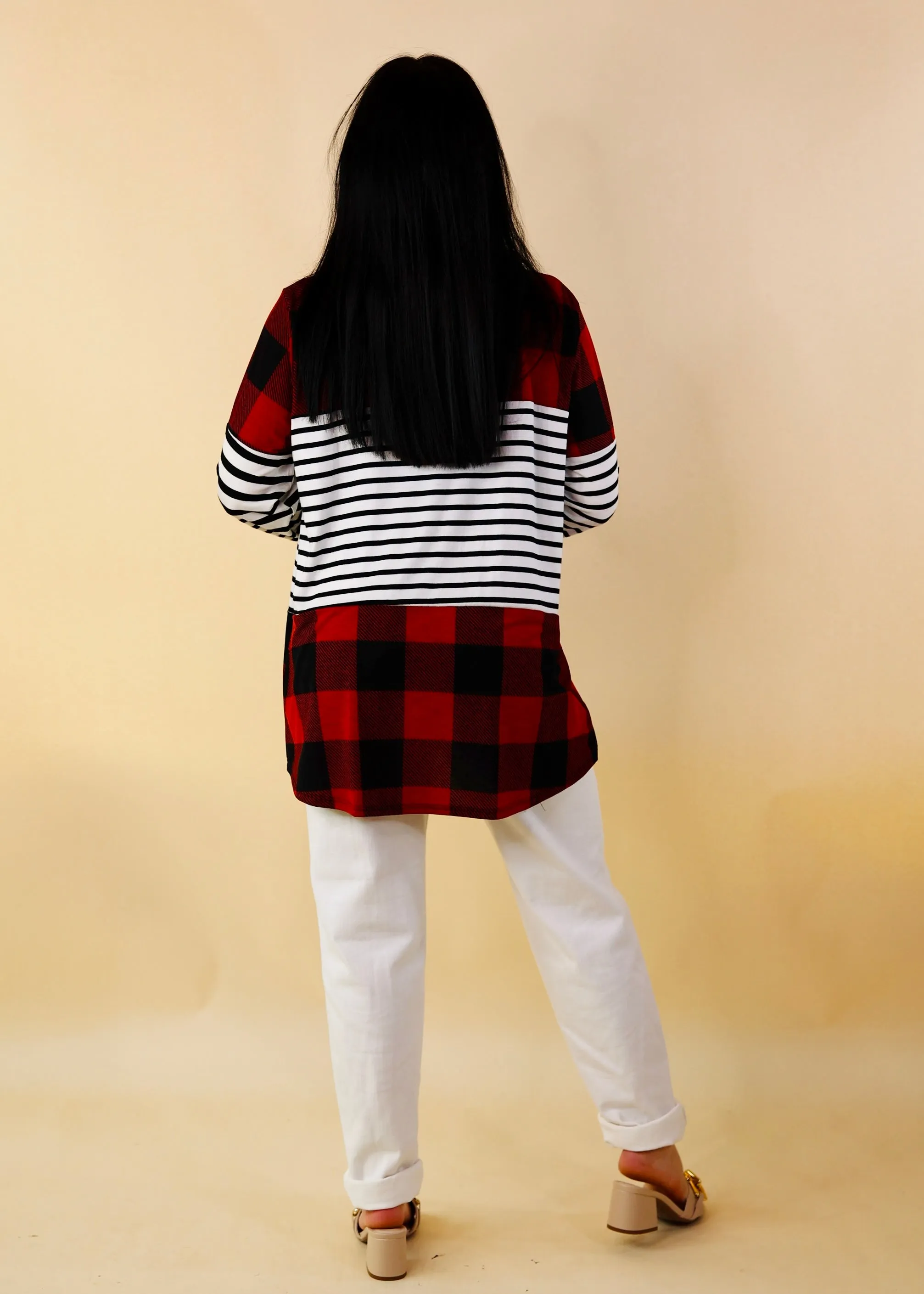 Blemished | Cozy Cabin Vibes Buffalo Plaid and Striped Print Block Top in Red, Ivory, and Black