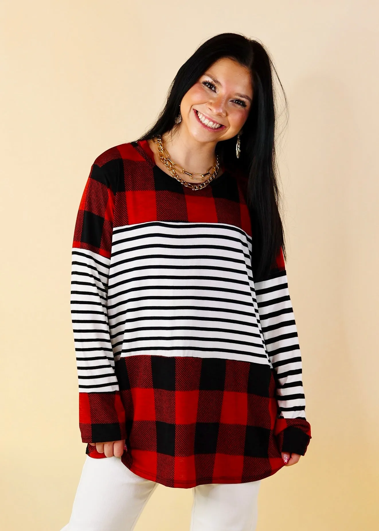 Blemished | Cozy Cabin Vibes Buffalo Plaid and Striped Print Block Top in Red, Ivory, and Black