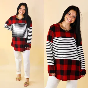 Blemished | Cozy Cabin Vibes Buffalo Plaid and Striped Print Block Top in Red, Ivory, and Black