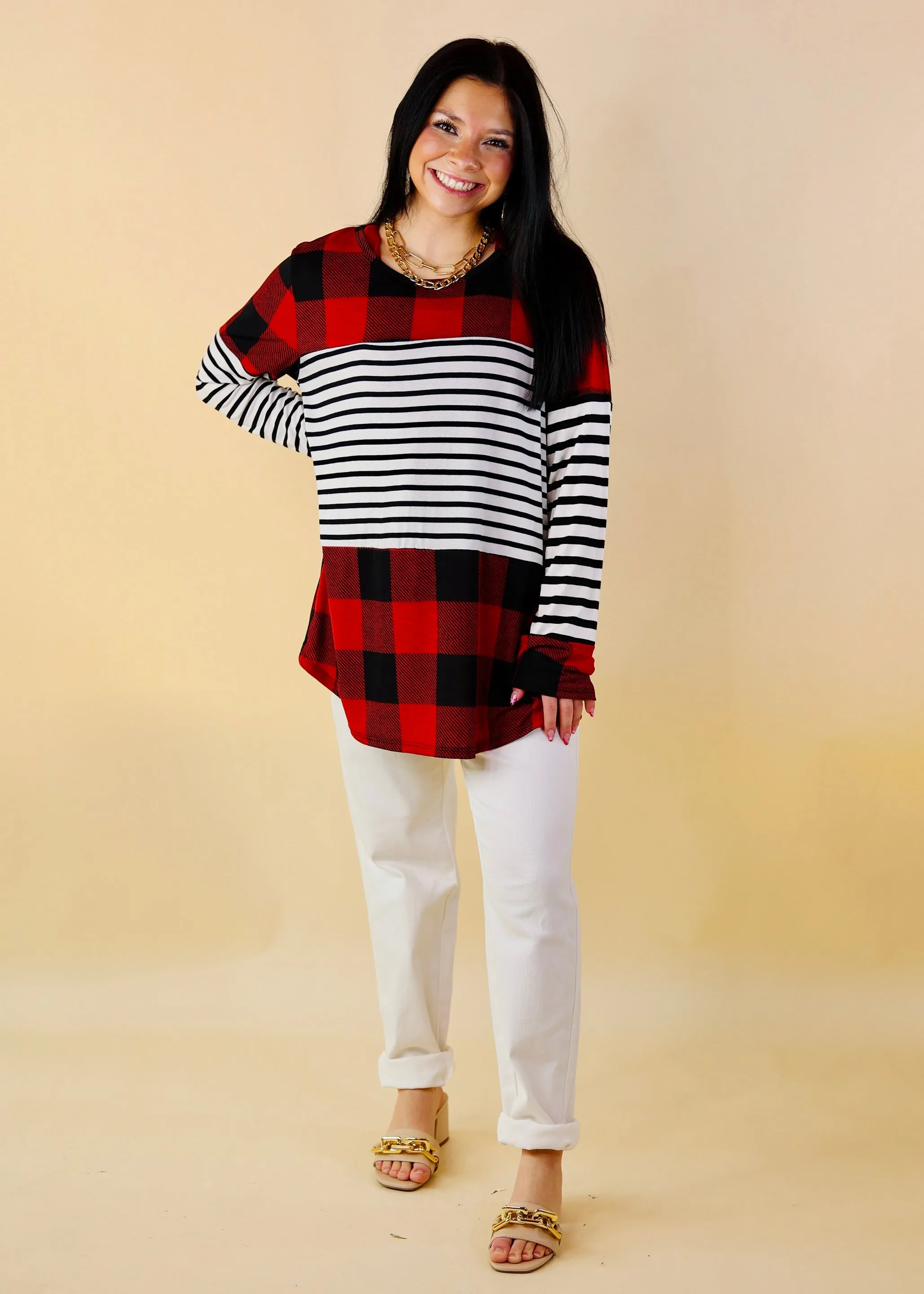 Blemished | Cozy Cabin Vibes Buffalo Plaid and Striped Print Block Top in Red, Ivory, and Black