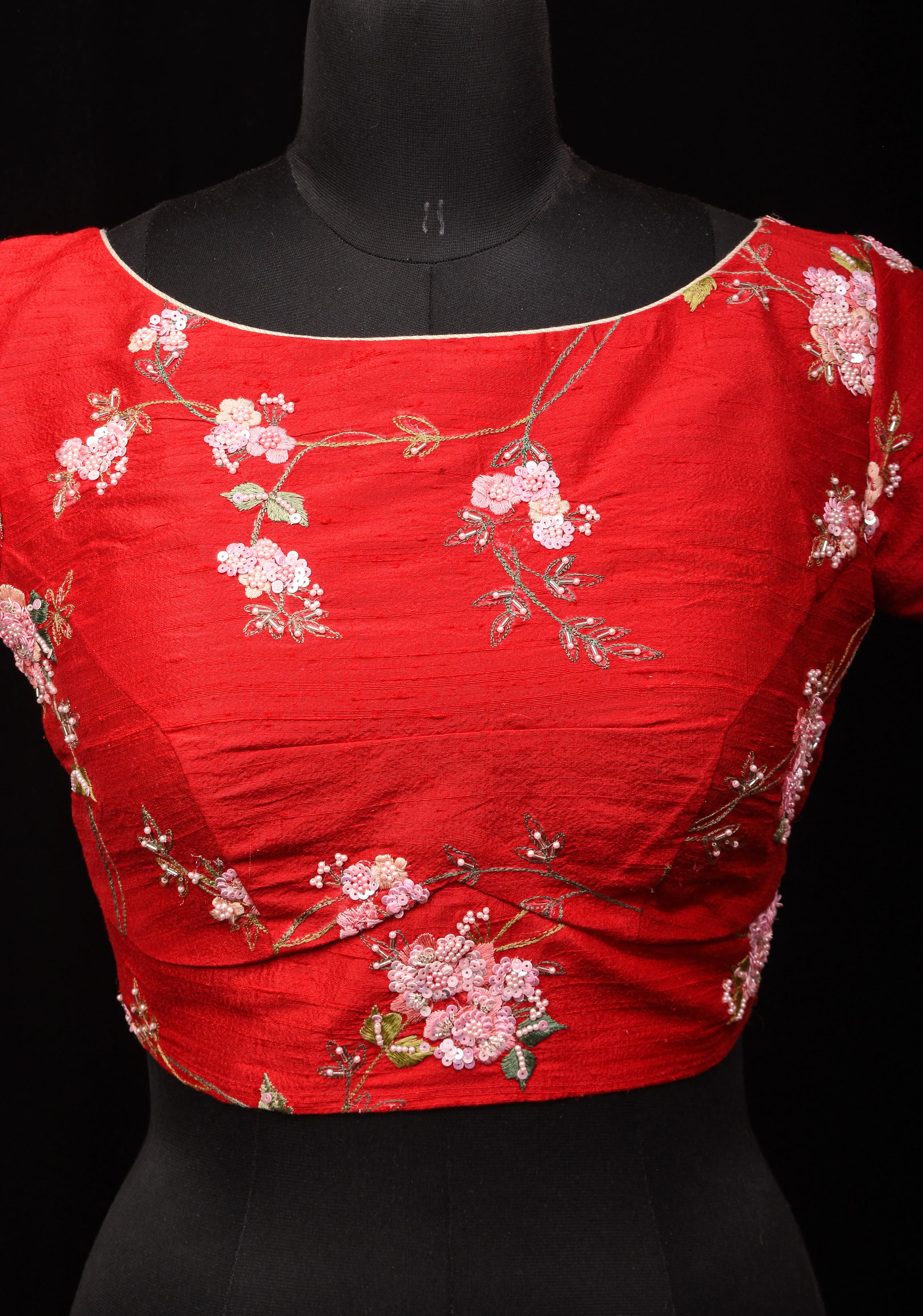 Blood Red Pure Raw Silk Blouse with Floral Embroidery and Moti Jaal | Made to Order