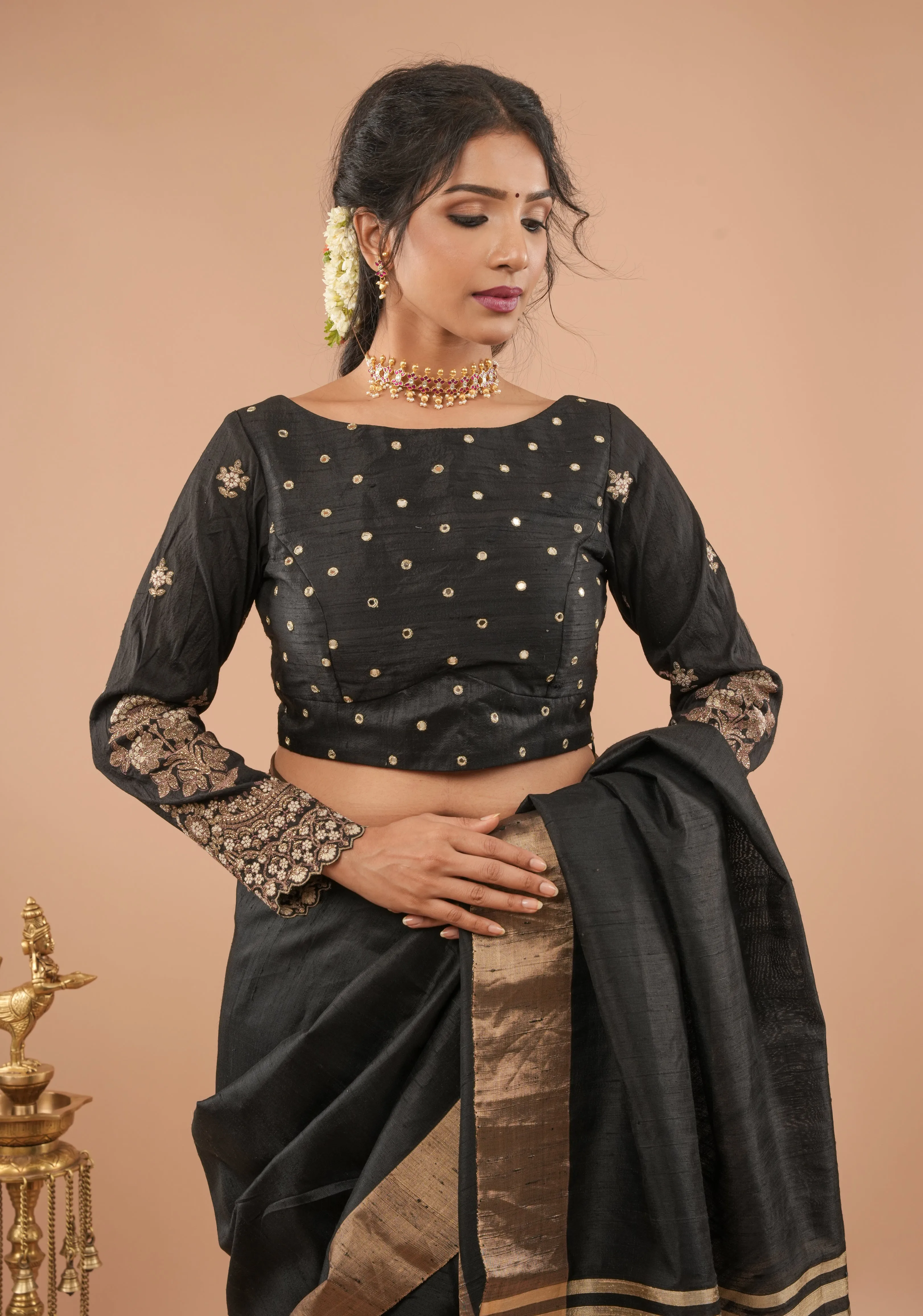 Blouse : black pure raw silk blouse with full sleeves, mirror and embroidery, v shape sheer back