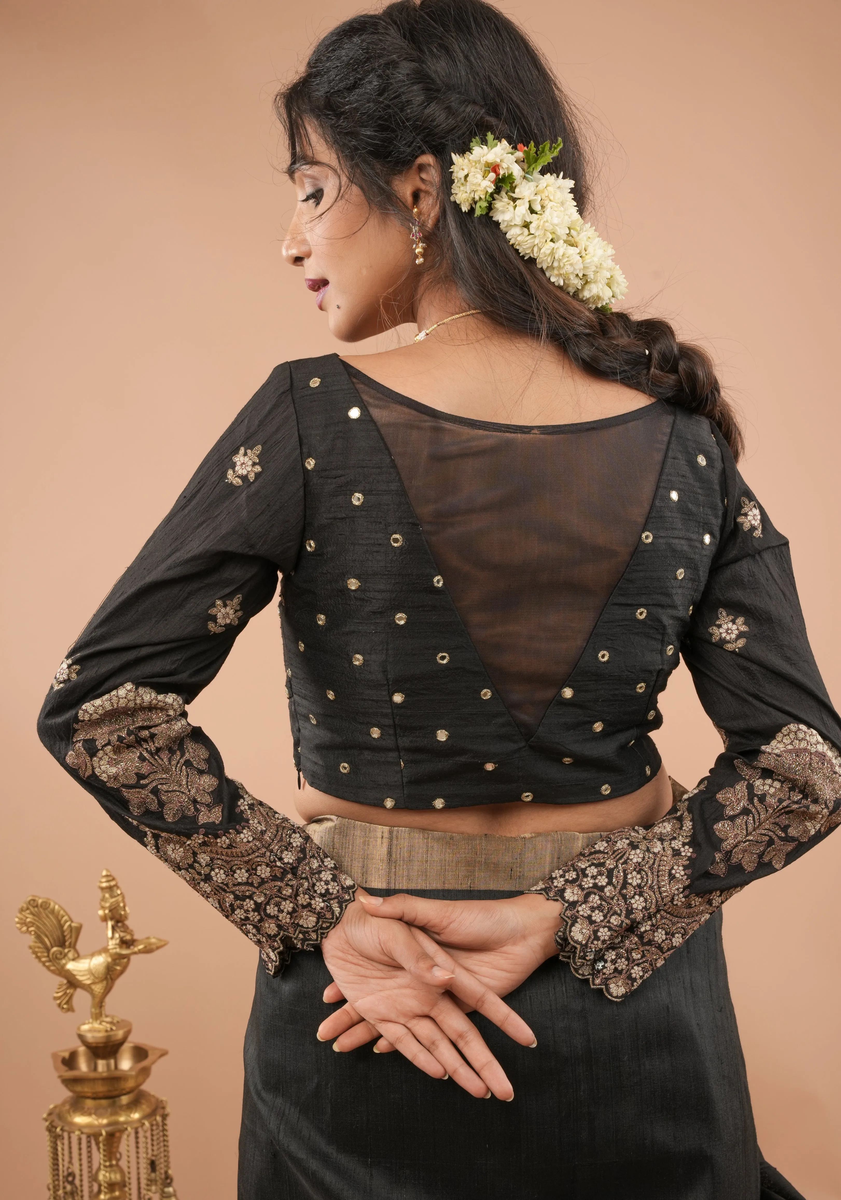 Blouse : black pure raw silk blouse with full sleeves, mirror and embroidery, v shape sheer back