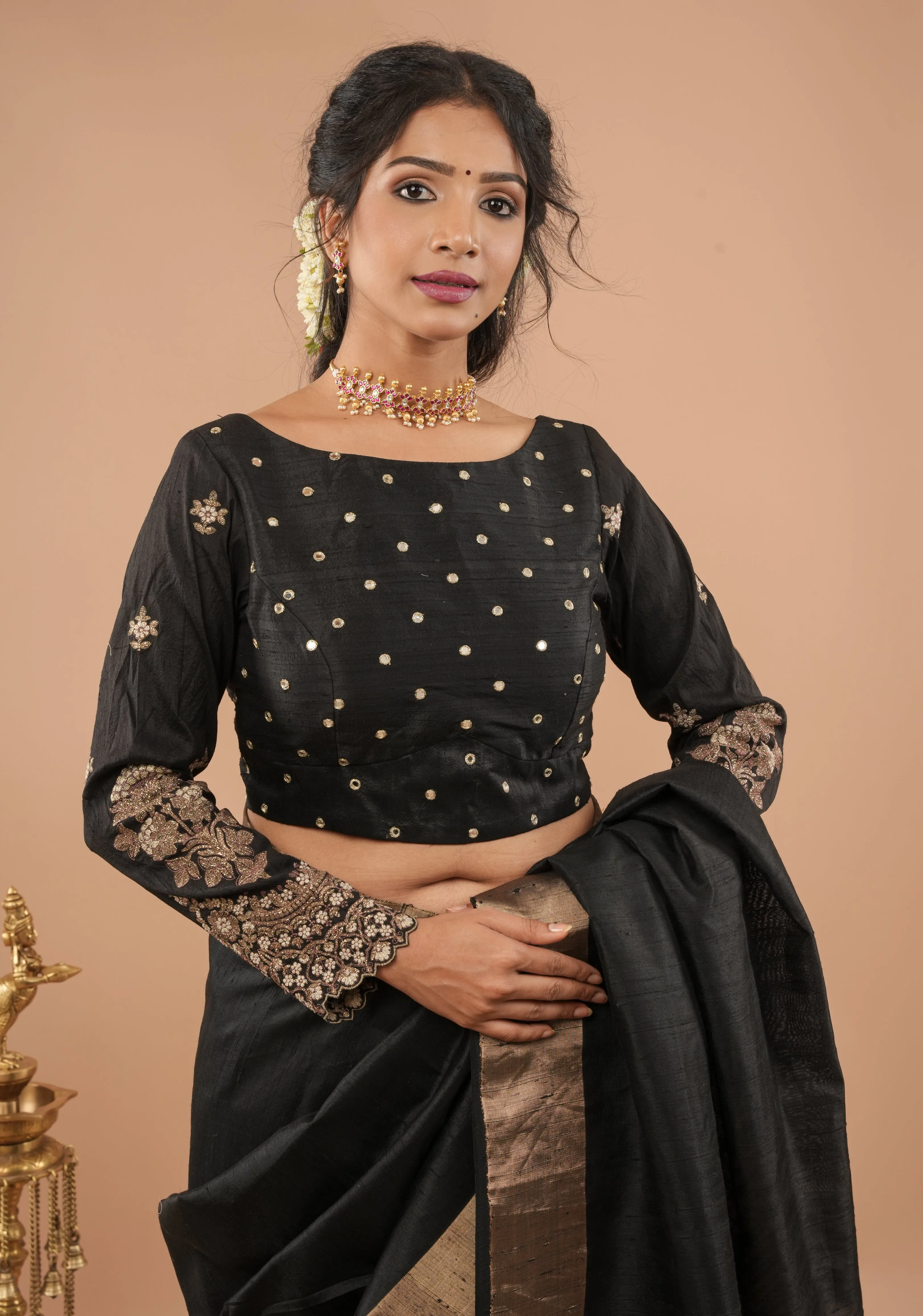 Blouse : black pure raw silk blouse with full sleeves, mirror and embroidery, v shape sheer back