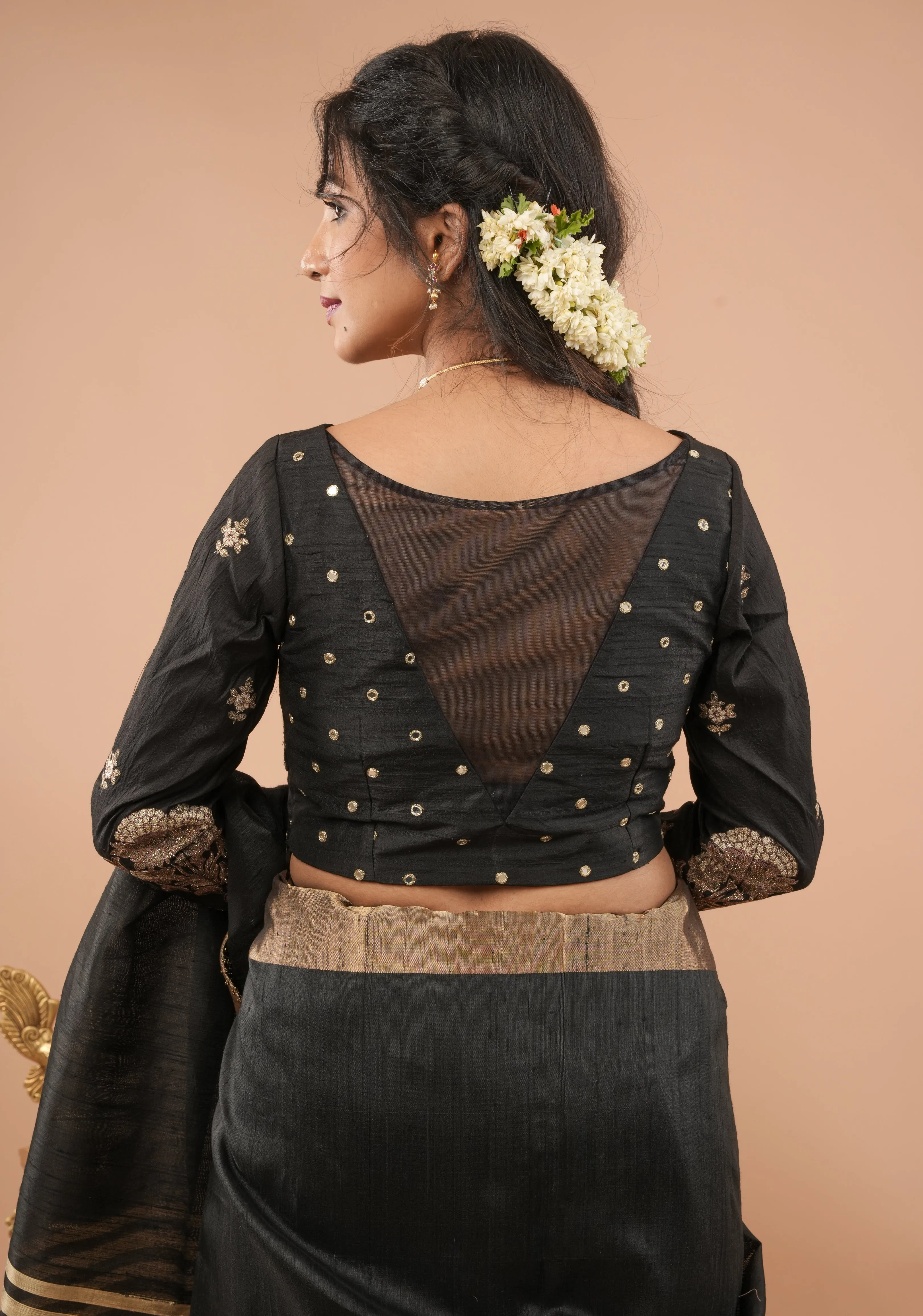 Blouse : black pure raw silk blouse with full sleeves, mirror and embroidery, v shape sheer back