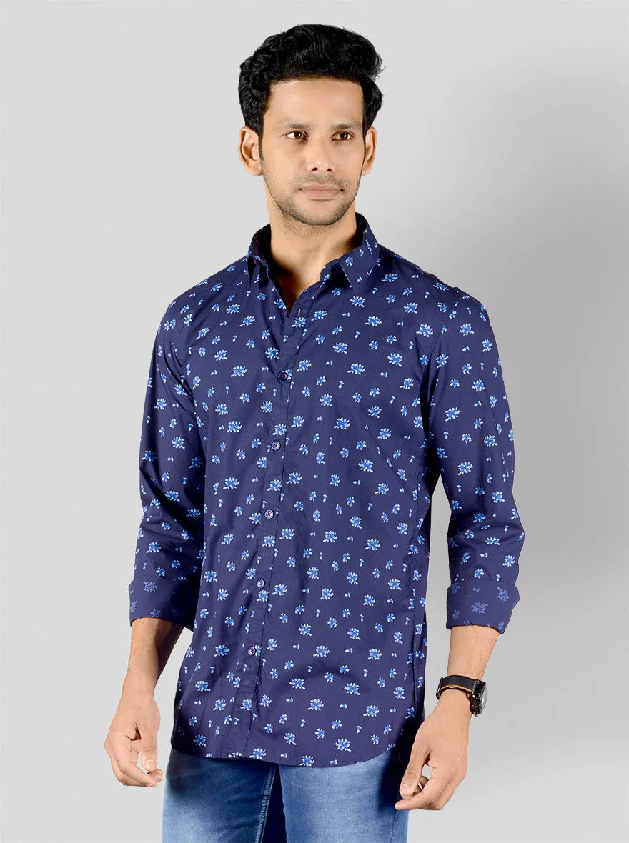 Blue Printed Slim Fit Casual Shirt | JadeBlue