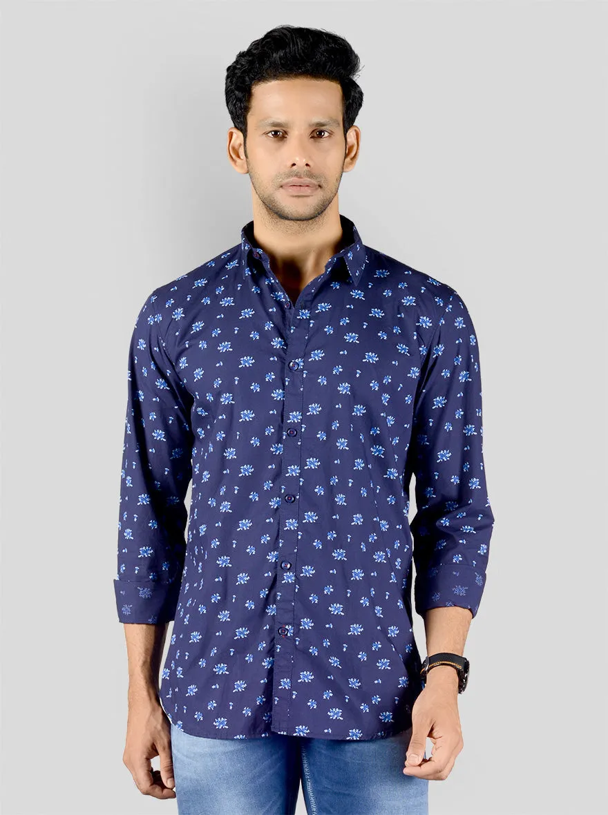 Blue Printed Slim Fit Casual Shirt | JadeBlue