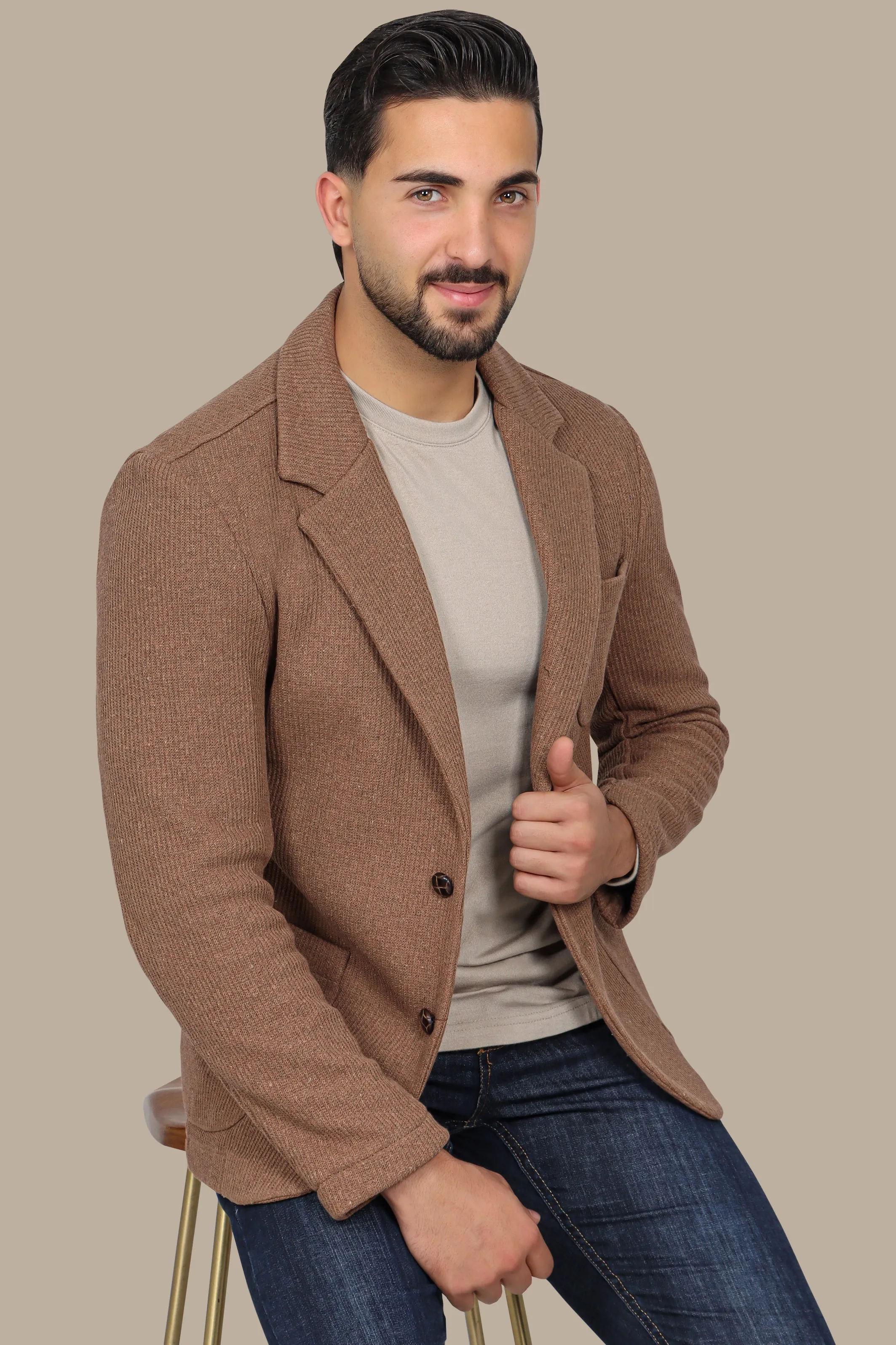 Brown Cotton Mercerized Blazer with Notch Lapel