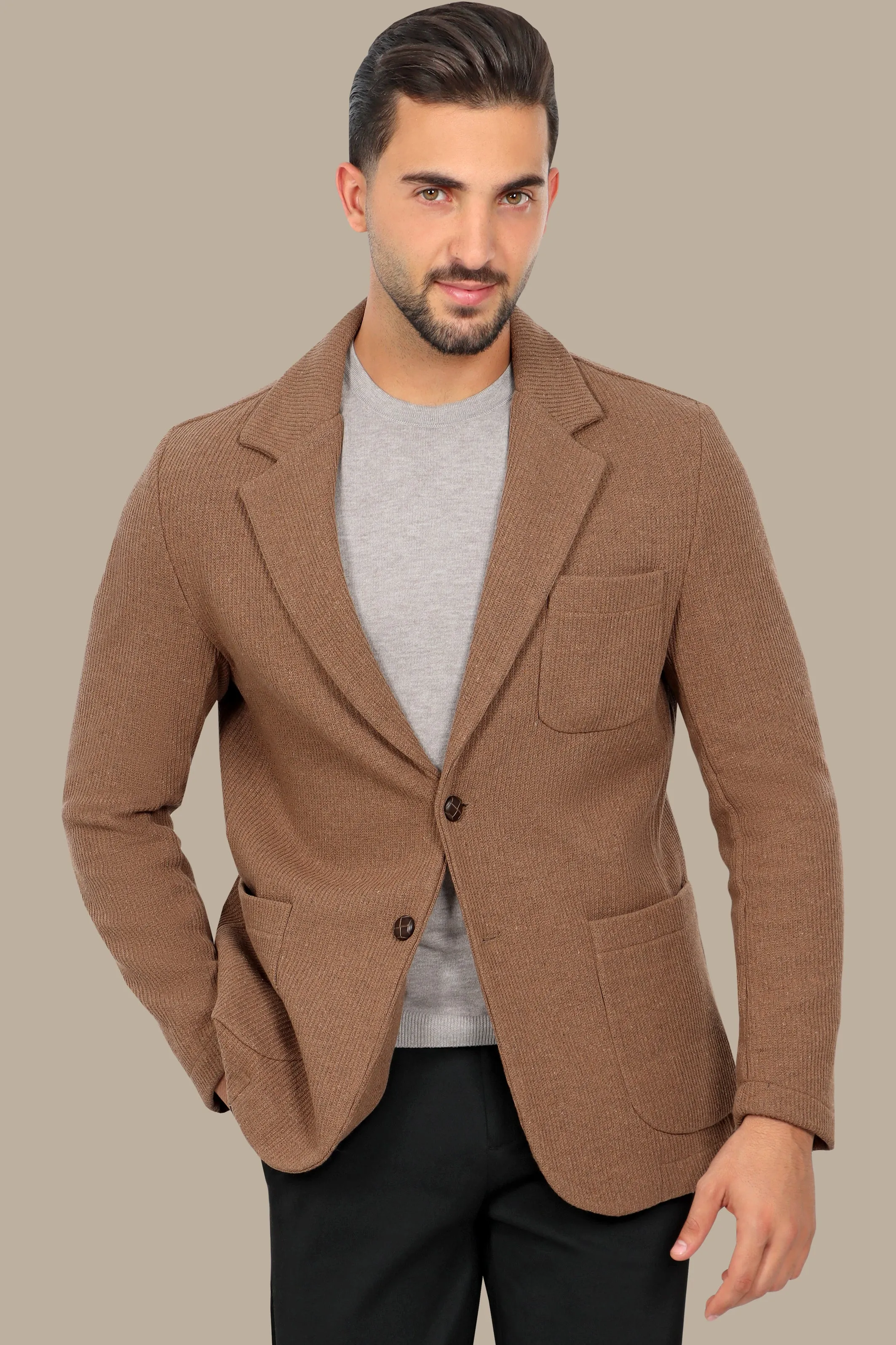 Brown Cotton Mercerized Blazer with Notch Lapel