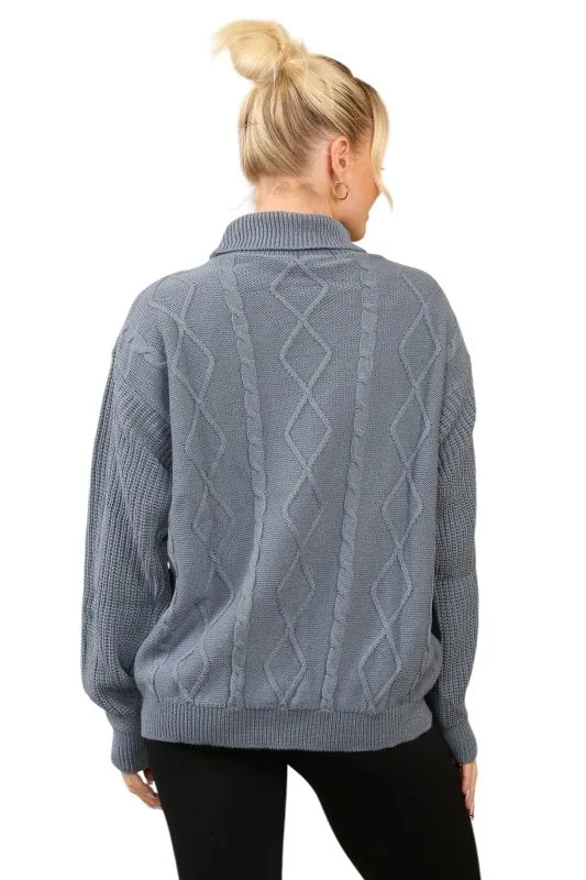 Cable Knit Mock Neck Jumper in Dusty Blue