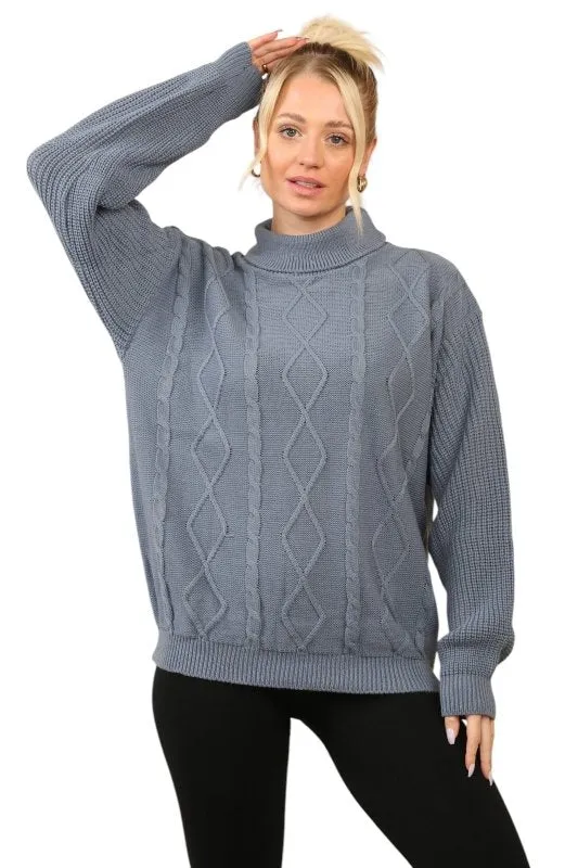 Cable Knit Mock Neck Jumper in Dusty Blue