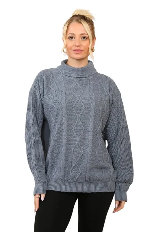 Cable Knit Mock Neck Jumper in Dusty Blue