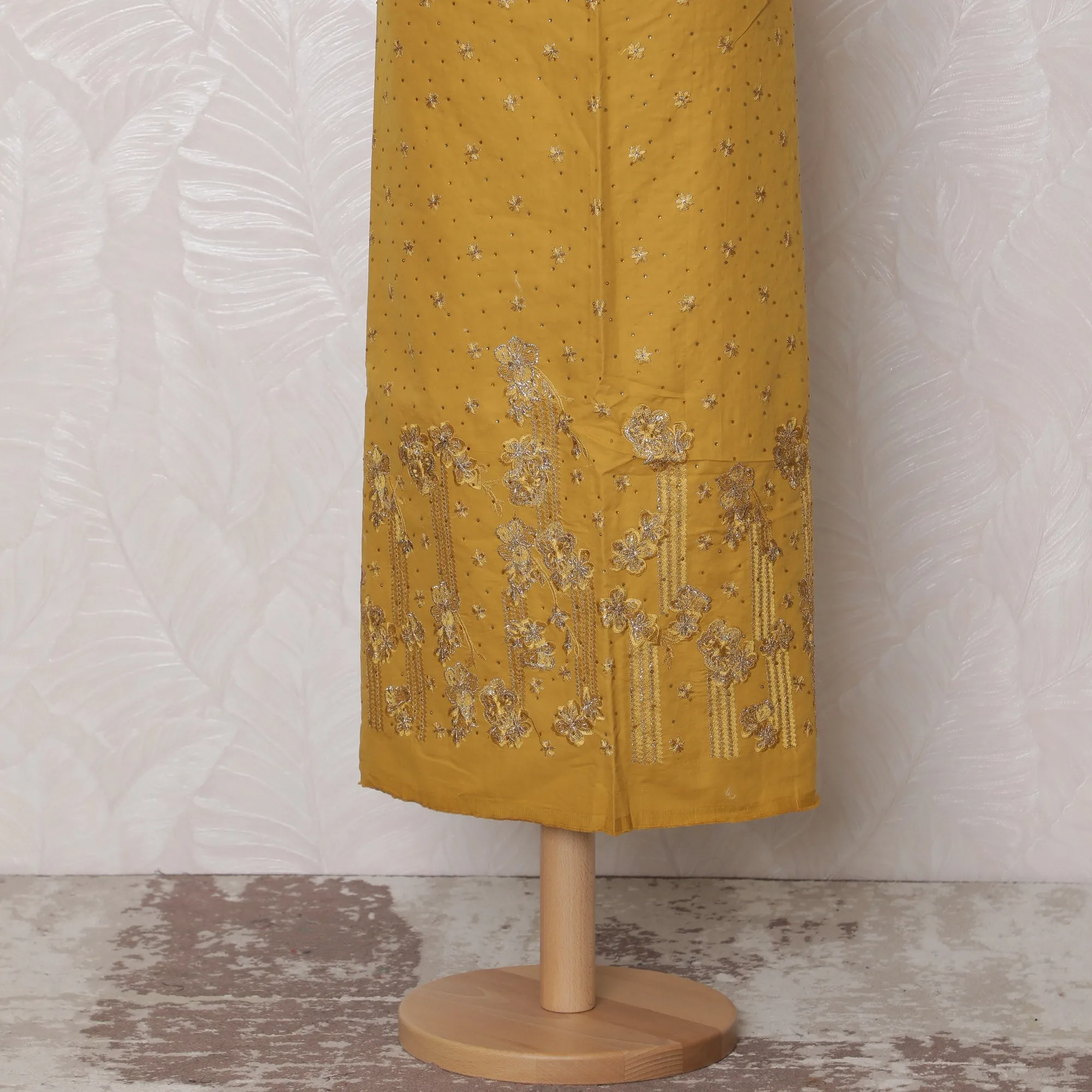 Charming Mustard Yellow Blended Cotton Fabric with Floral Embroidery - 110 cm Width X 3.0 Mtrs-D19766