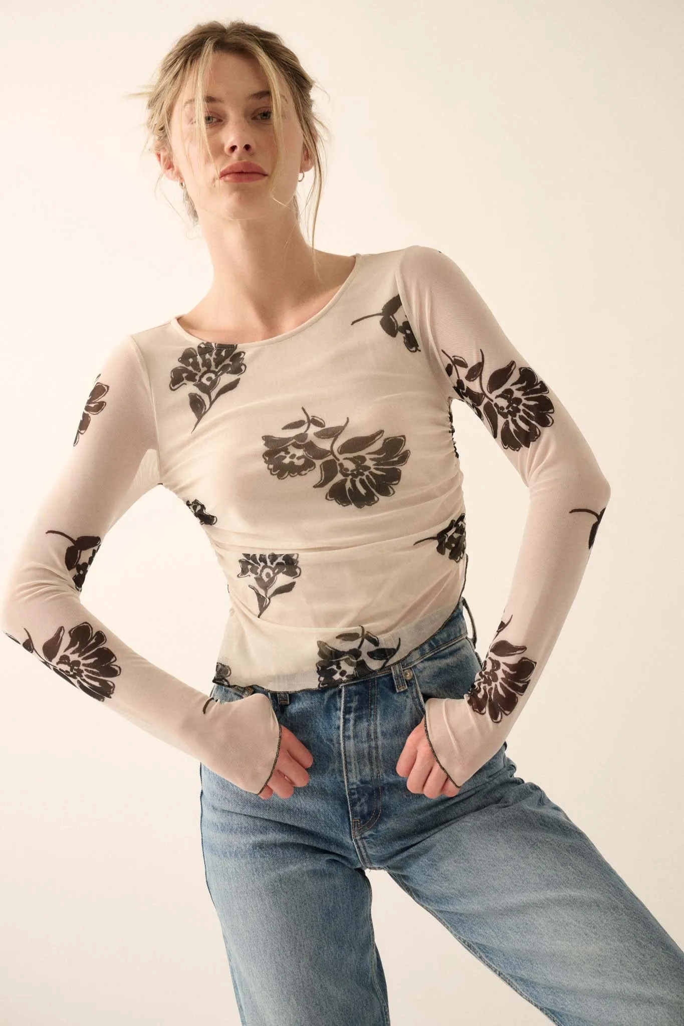 Deco Garden Floral Mesh Ruched Asymmetrical Top