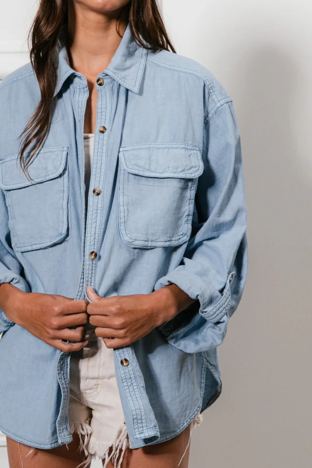 Denim Button Down Stitch Detail Shirt with Chest Pockets