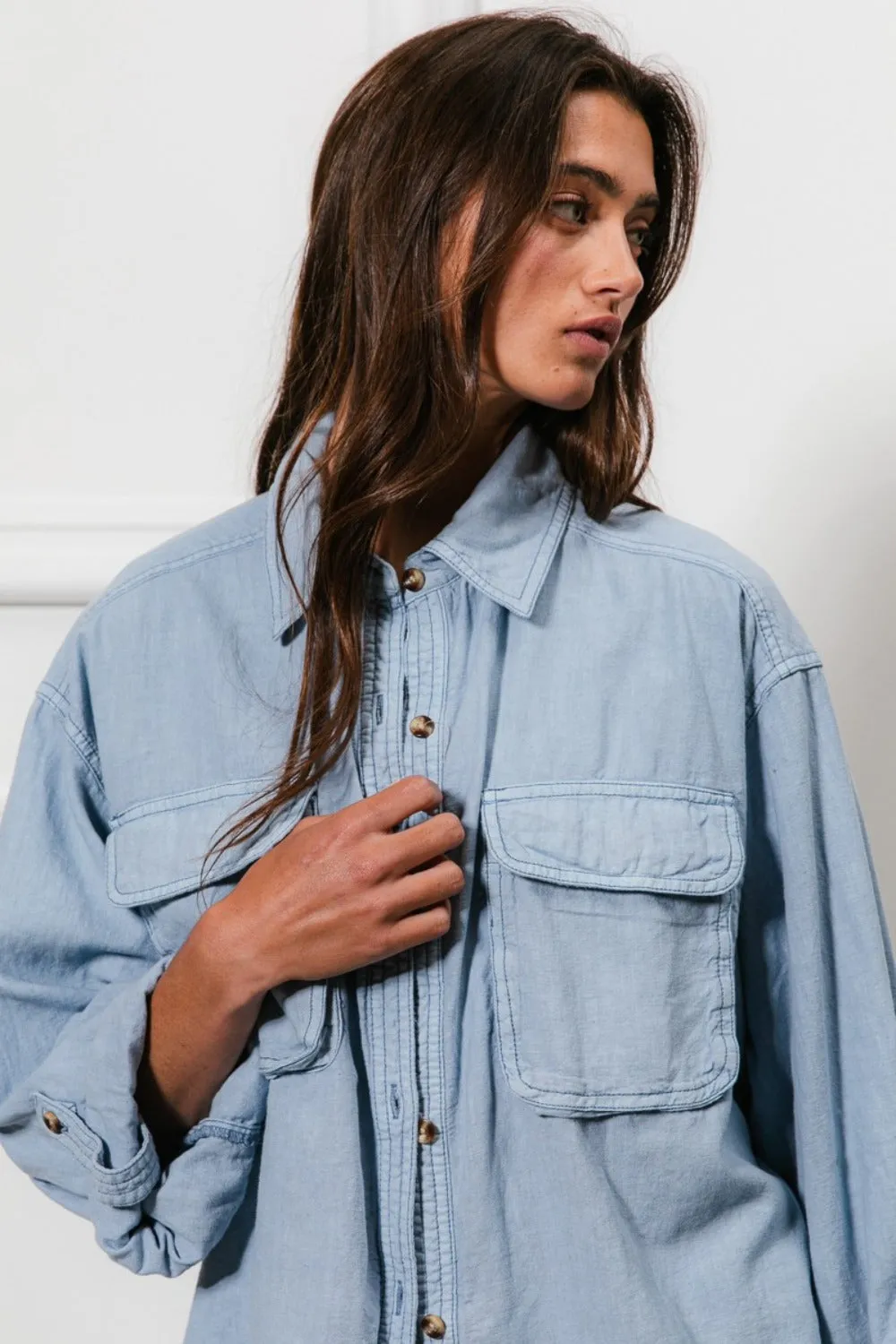 Denim Button Down Stitch Detail Shirt with Chest Pockets