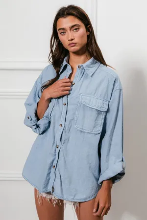 Denim Button Down Stitch Detail Shirt with Chest Pockets