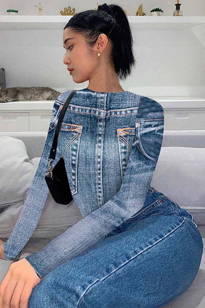 Denim Print Round Neck Long Sleeve Top Women