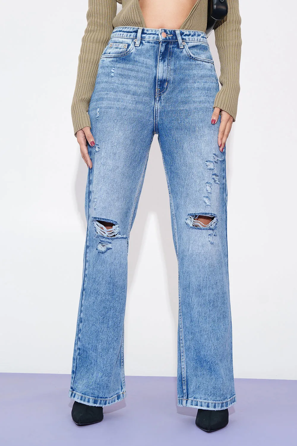 Distressed Edge Straight Fit Jeans