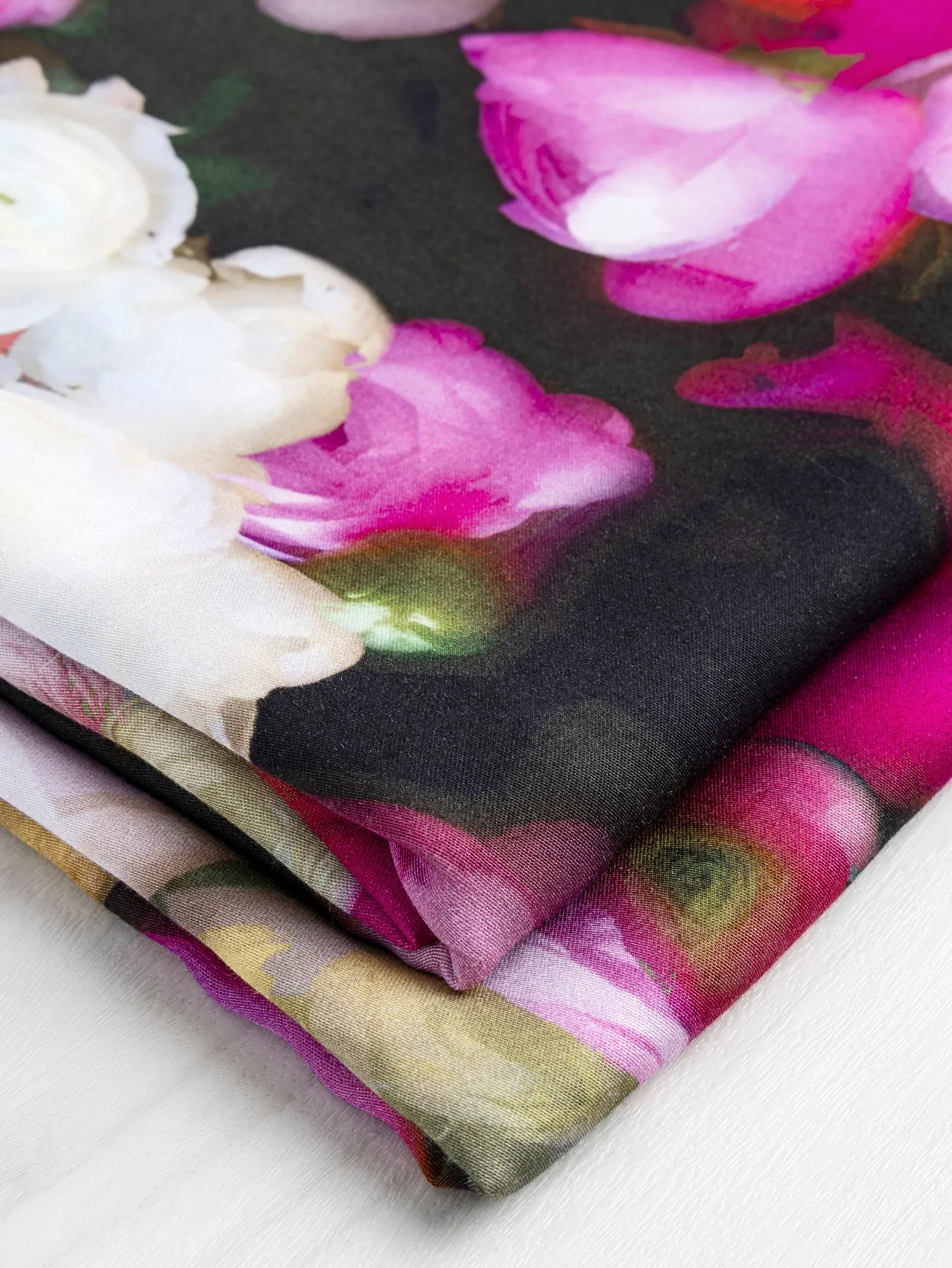 Dreamy Peony Print EcoVero Challis - Dark Green   Rose   Cream