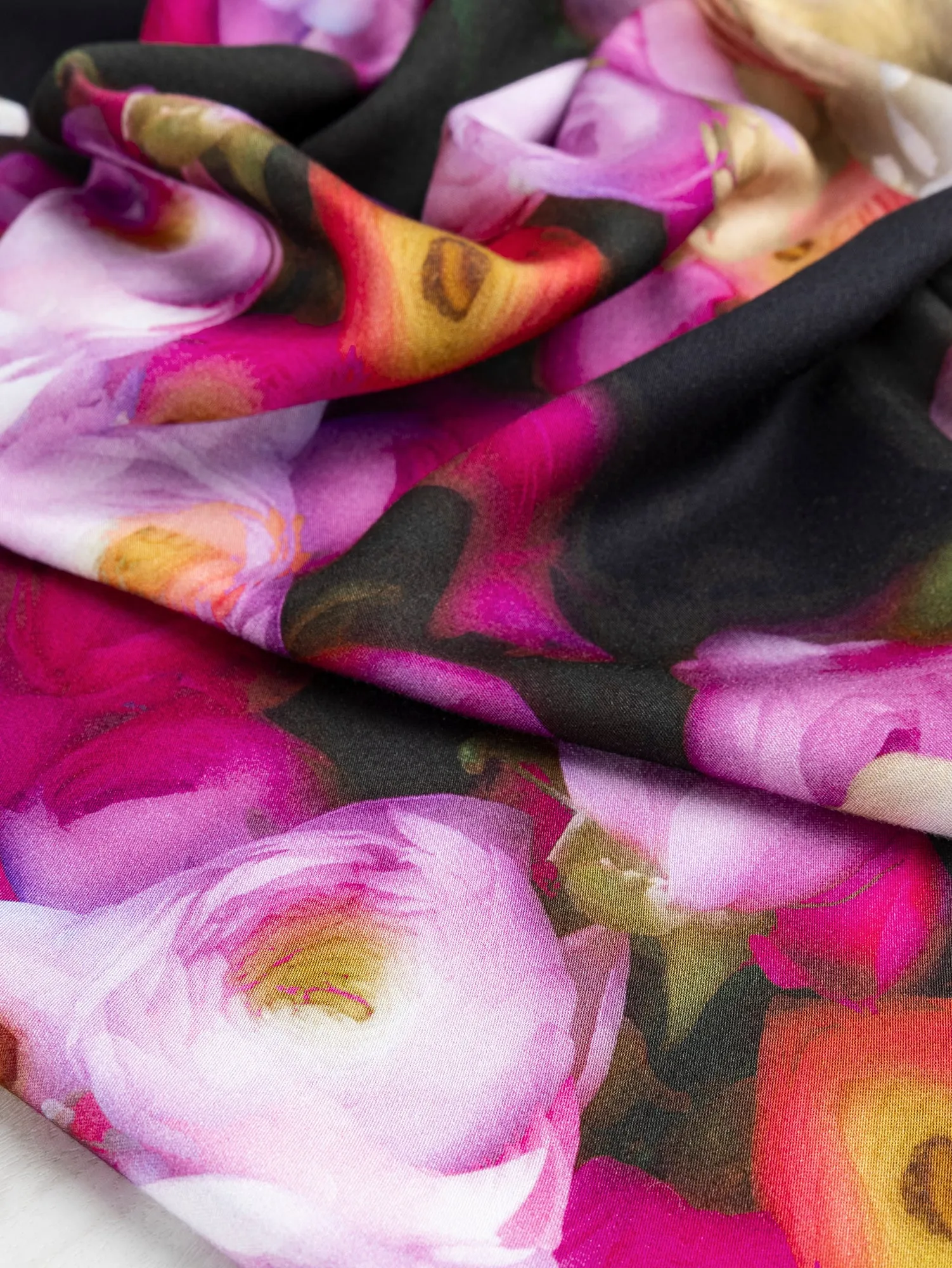 Dreamy Peony Print EcoVero Challis - Dark Green   Rose   Cream