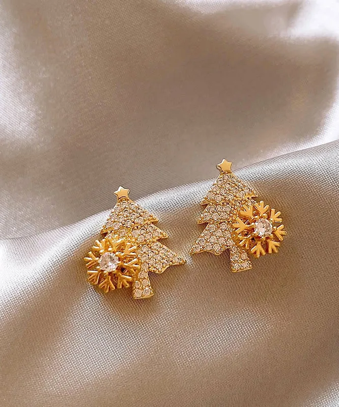 Fine Gold Copper Alloy Zircon Snowflake Christmas Tree Stud Earrings RB018