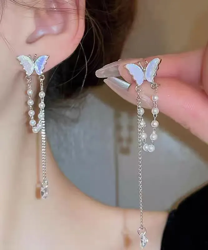 Fine Silk Alloy Zircon Pearl Butterfly Tassel Drop Earrings WH054