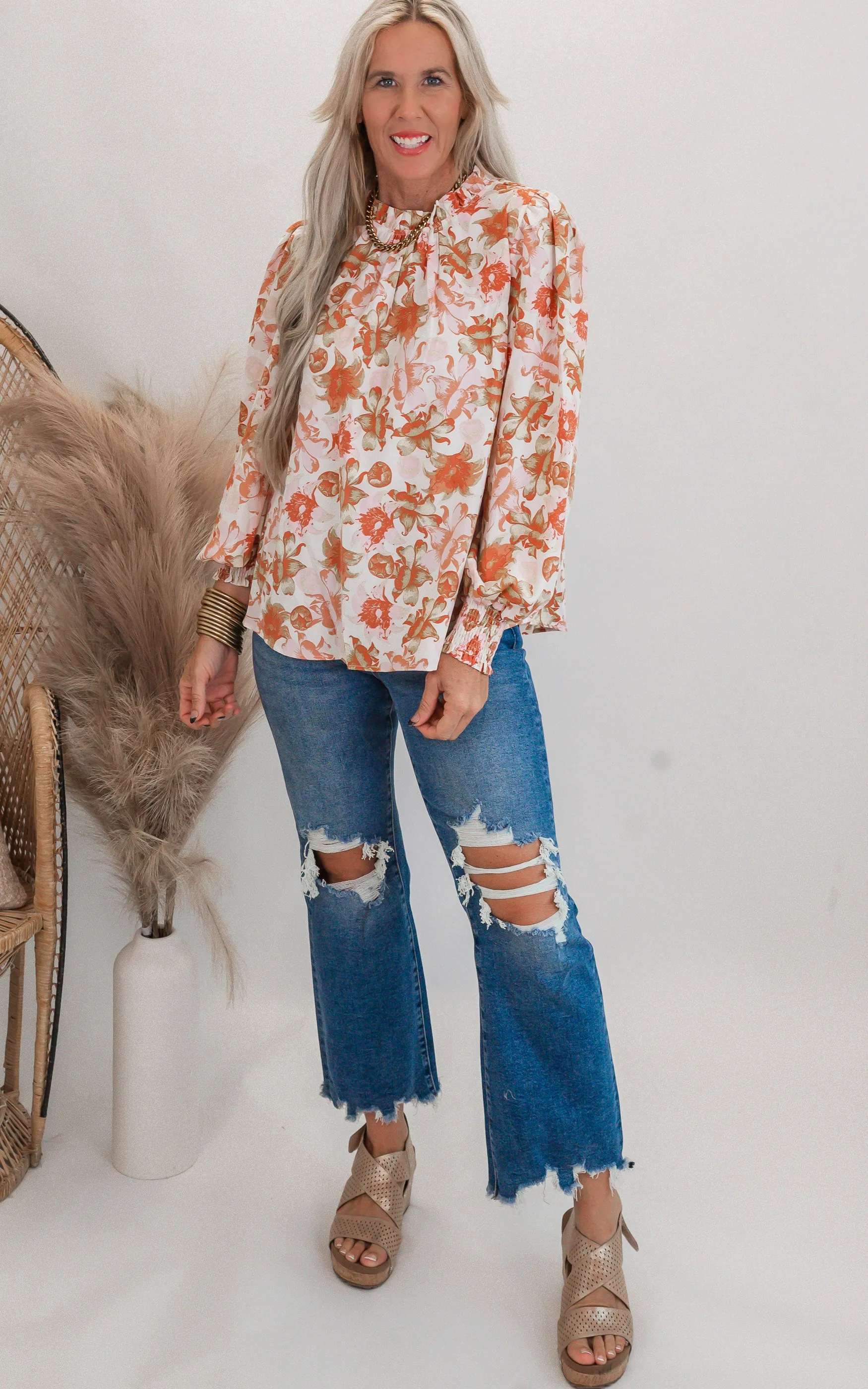 Floral Print Long Sleeve Mock Neck Blouse Top - Final Sale