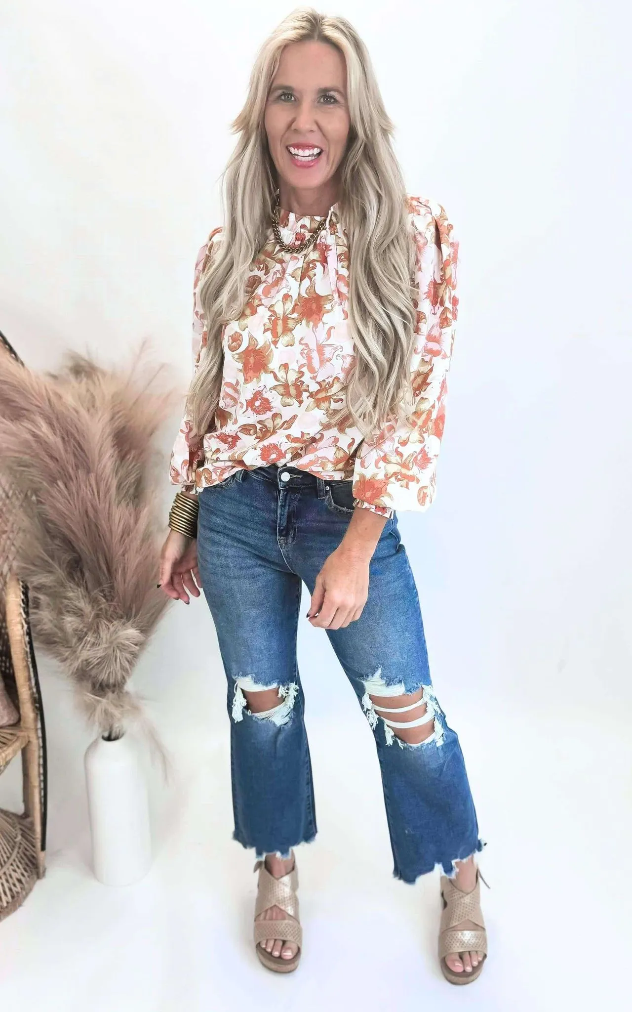 Floral Print Long Sleeve Mock Neck Blouse Top - Final Sale