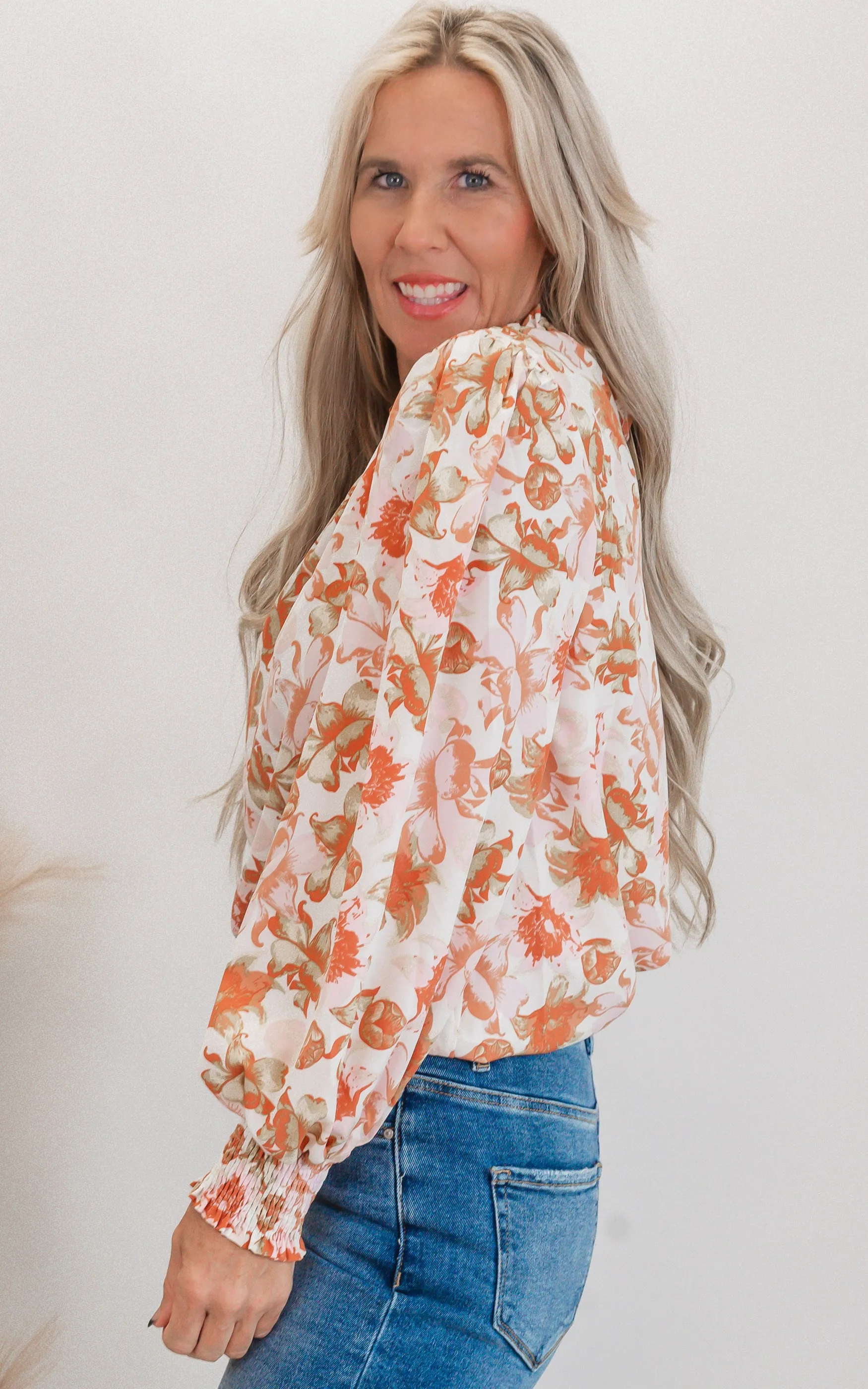 Floral Print Long Sleeve Mock Neck Blouse Top - Final Sale